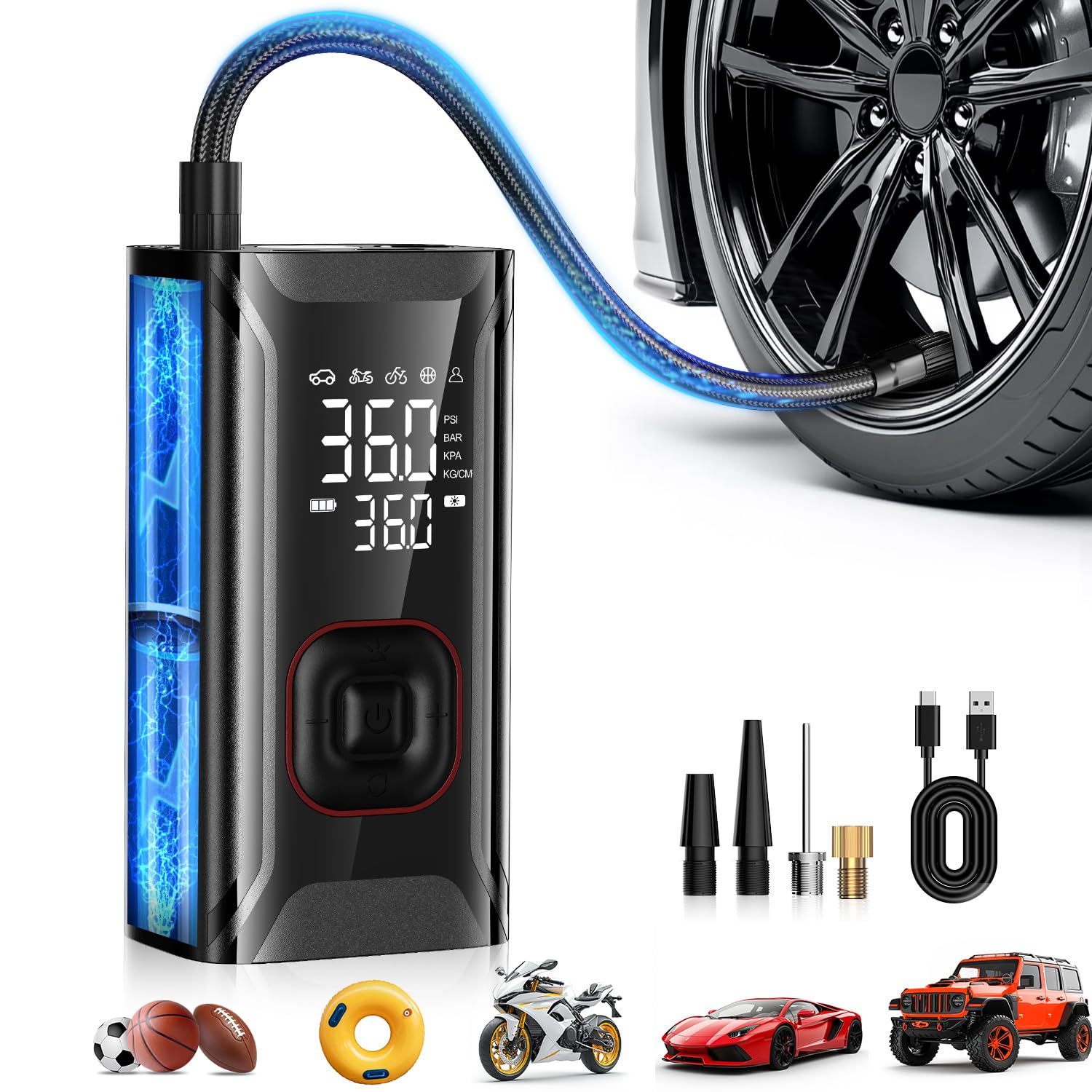 Inflador de neumáticos, compresor de aire portátil, bomba de aire portátil con medidor de presión digital, inflado para coches, bicicleta, motocicleta, bola