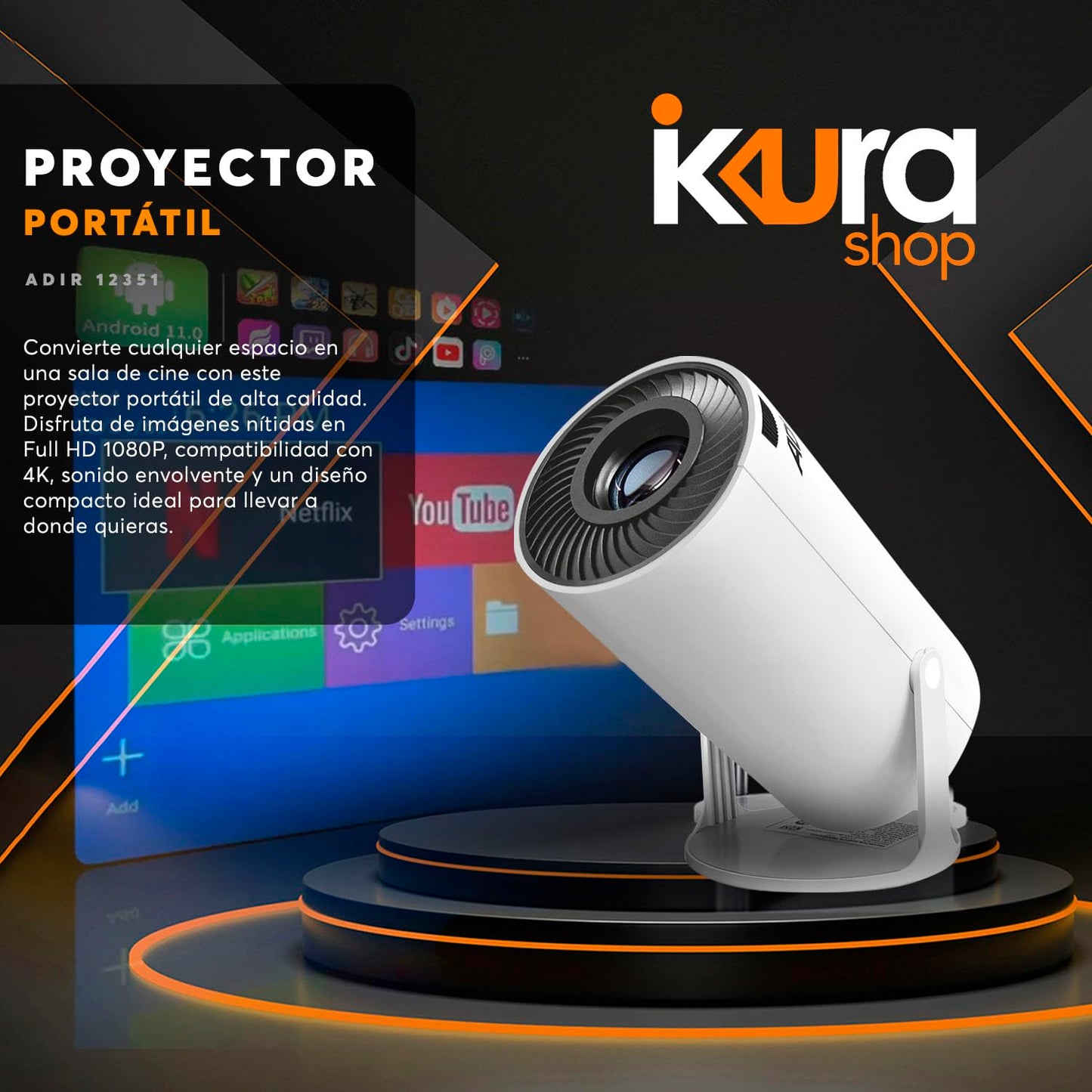 Adir Proyector Profesional Portatil 4K 1080P Blanco 12351