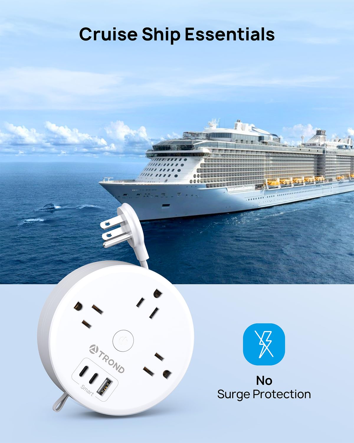 TROND Regleta de Viaje retráctil, Cable de Extensión Retráctil Enchufe Plano Ultrafino de 1.5 m, Regleta de Alimentación Retráctil con 3 Tomas de CA 3 USB(2 USB C), Elementos Esenciales para Cruceros