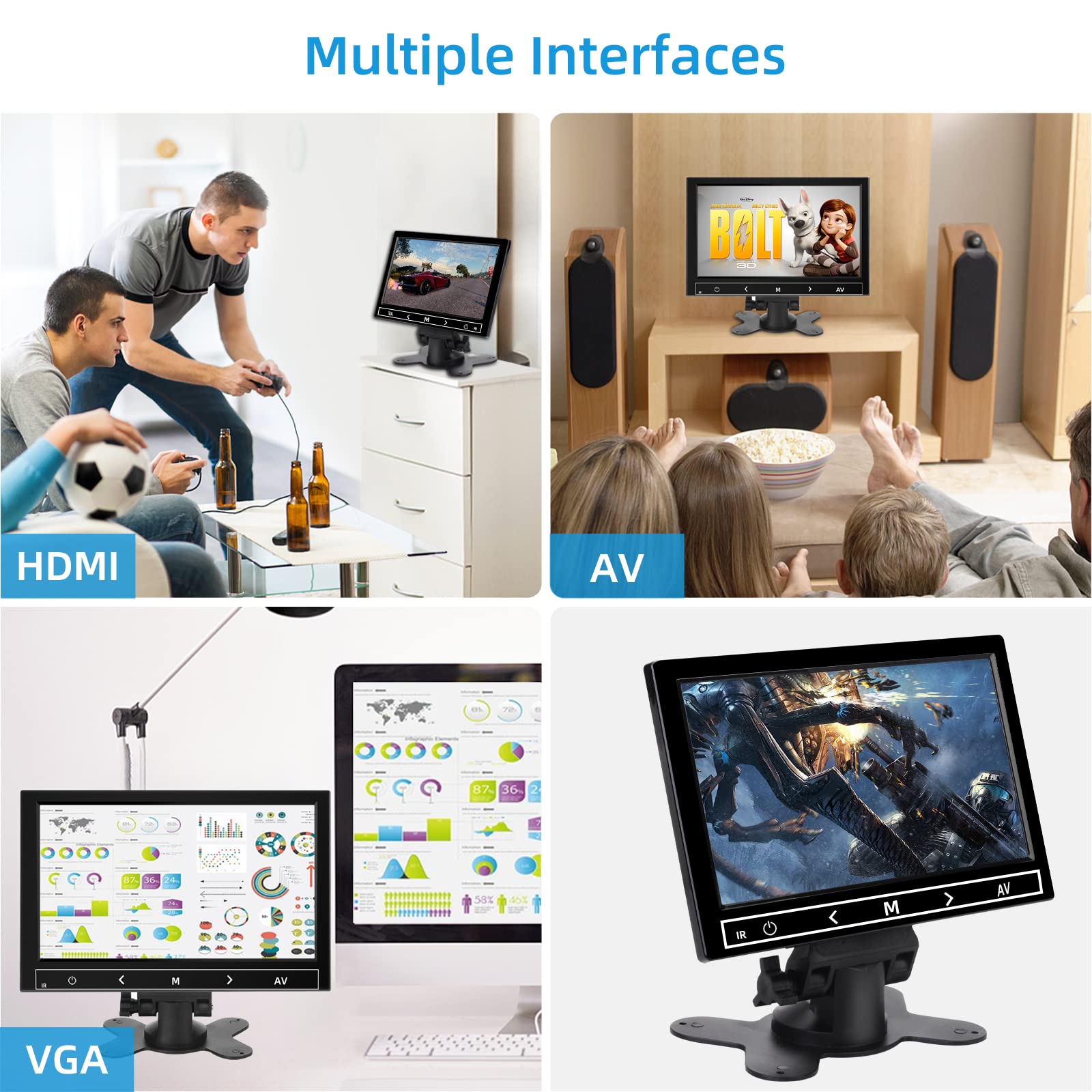 AISHICHEN Monitor de seguridad de 7 pulgadas, resolución de 1024 x 600 pulgadas, pequeño monitor HDMI con control remoto, altavoces integrados, pequeño monitor portátil con entrada USB HDMI VGA AV BNC para CCTV (7 pulgadas 1024x600P)