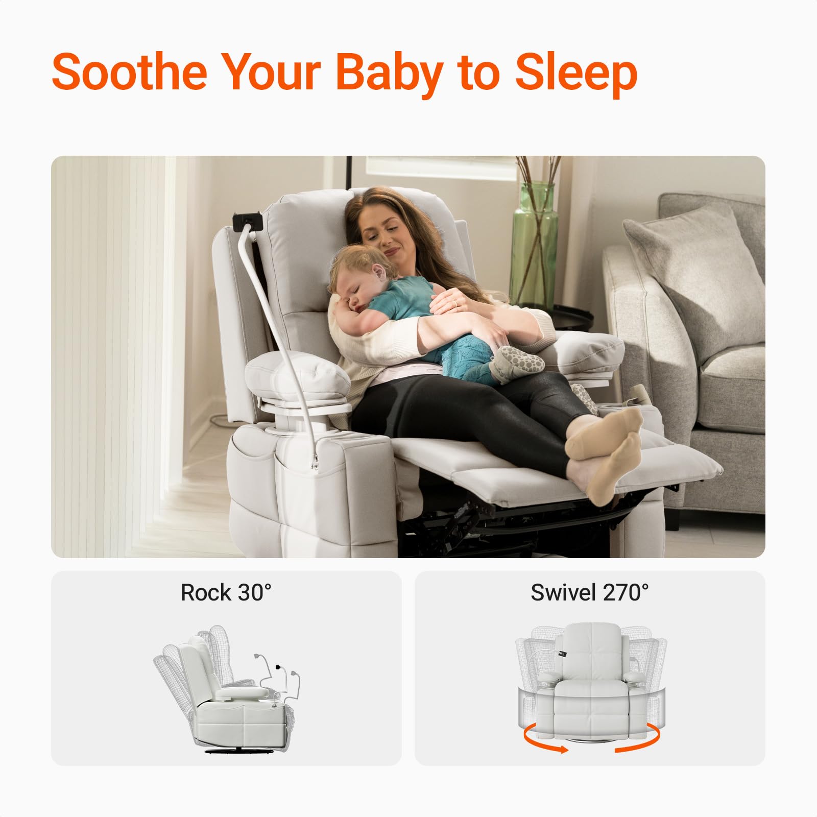 MAMAZING - Silla mecedora para guardería con reposabrazos ajustables, silla reclinable con planeador eléctrico para lactancia, silla reclinable giratoria con puerto USB y almacenamiento, certificado