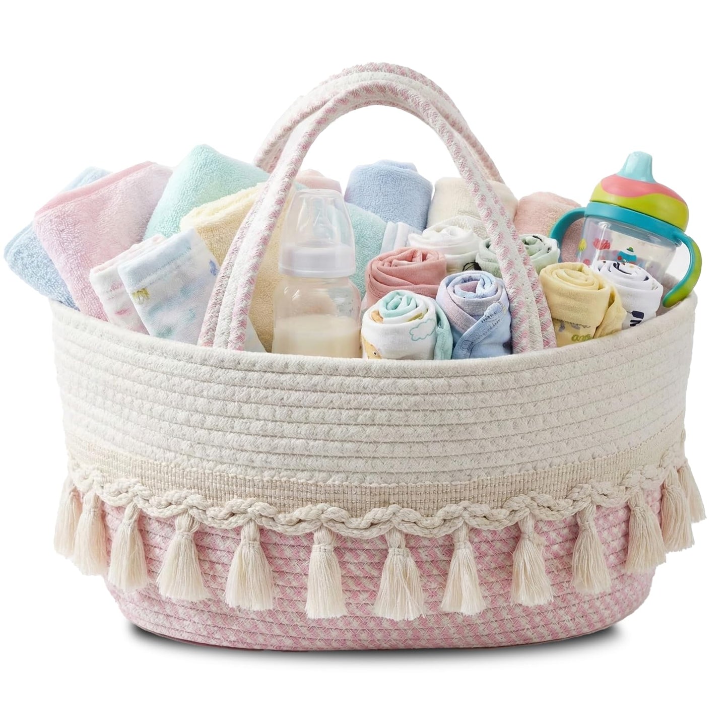 TUWEIPAIKE Organizador de pañales, elegante cesta de almacenamiento de guardería, cesta de baby shower con aspecto decorativo de borla, cesta de almacenamiento portátil adecuada para viajes familiares