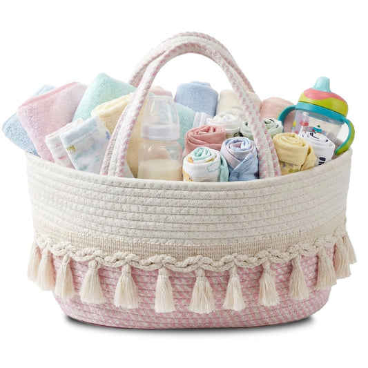 TUWEIPAIKE Organizador de pañales, elegante cesta de almacenamiento de guardería, cesta de baby shower con aspecto decorativo de borla, cesta de almacenamiento portátil adecuada para viajes familiares