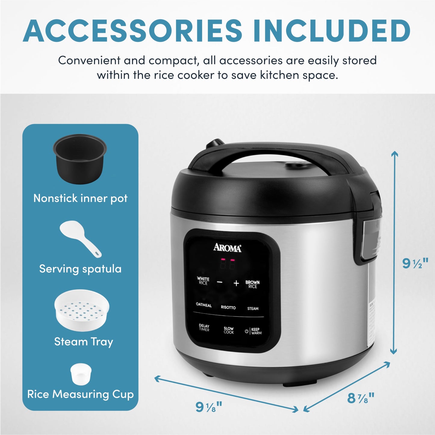 AROMA® - Arrocera digital, 4 tazas (sin cocinar) / 8 tazas (cocida), vaporizador, multicocina, olla de avena, mantiene caliente automáticamente, 2 cuartos de galón, exterior de acero inoxidable