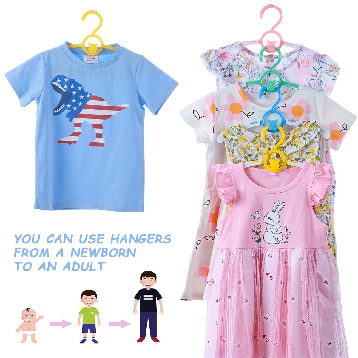 Perchas para bebé para guardería, clóset, paquete de 60 perchas de plástico para niños, ahorro de espacio, antideslizantes, extensibles, de 11 a 14 pulgadas, perchas ajustables para ropa resistente a