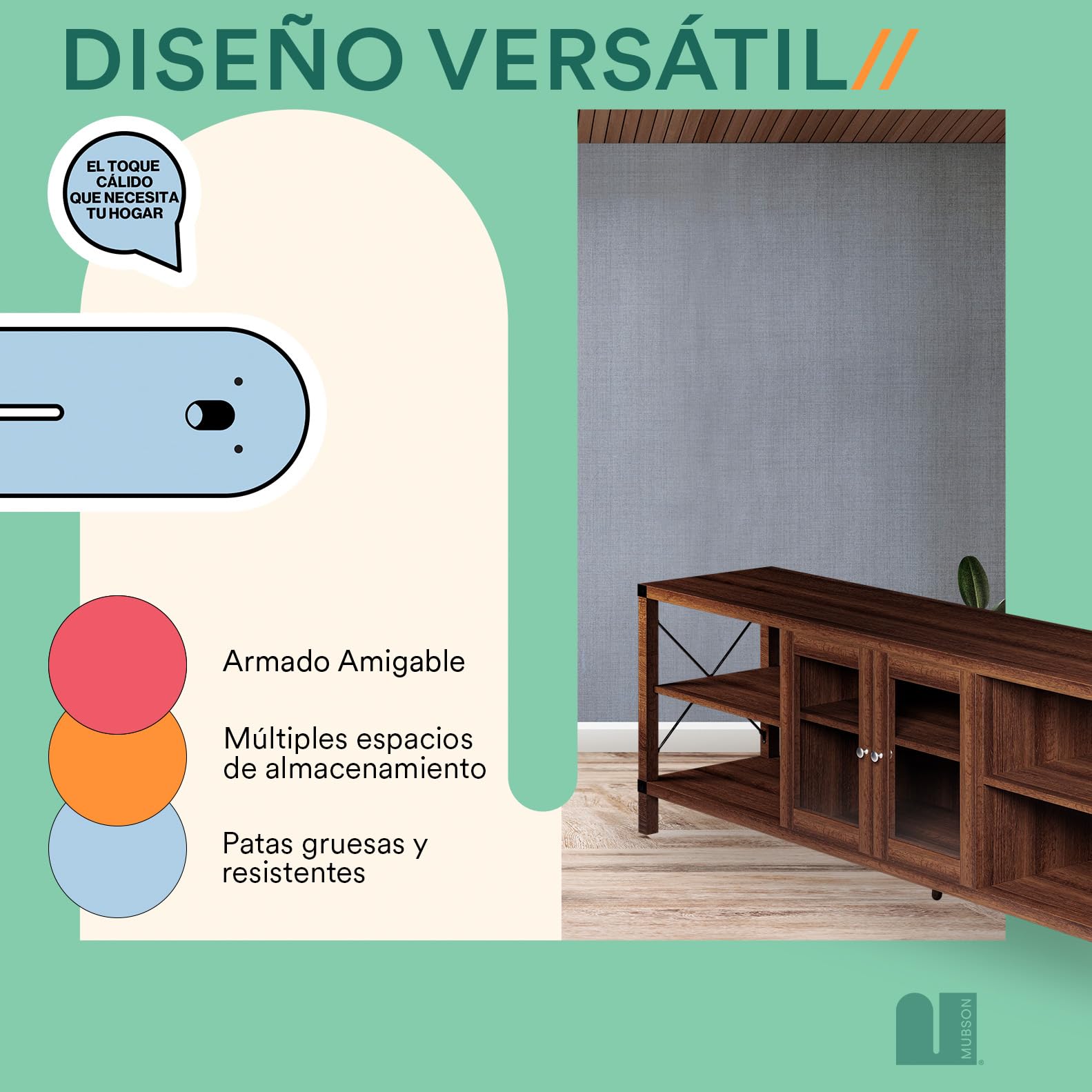 Mueble para TV MUBSON Bari de Madera con 4 Repisas y Vitrina en Marrón para Pantallas de hasta 75 Pulgadas