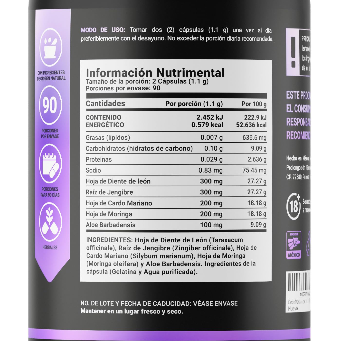 Cardo Mariano 180 cápsulas 1100 mg por porción. Hoja de Diente de León, Raíz de Jengibre y Mezcla Herbal. Ingredientes naturales. Mlk Thistle Blend B Life.