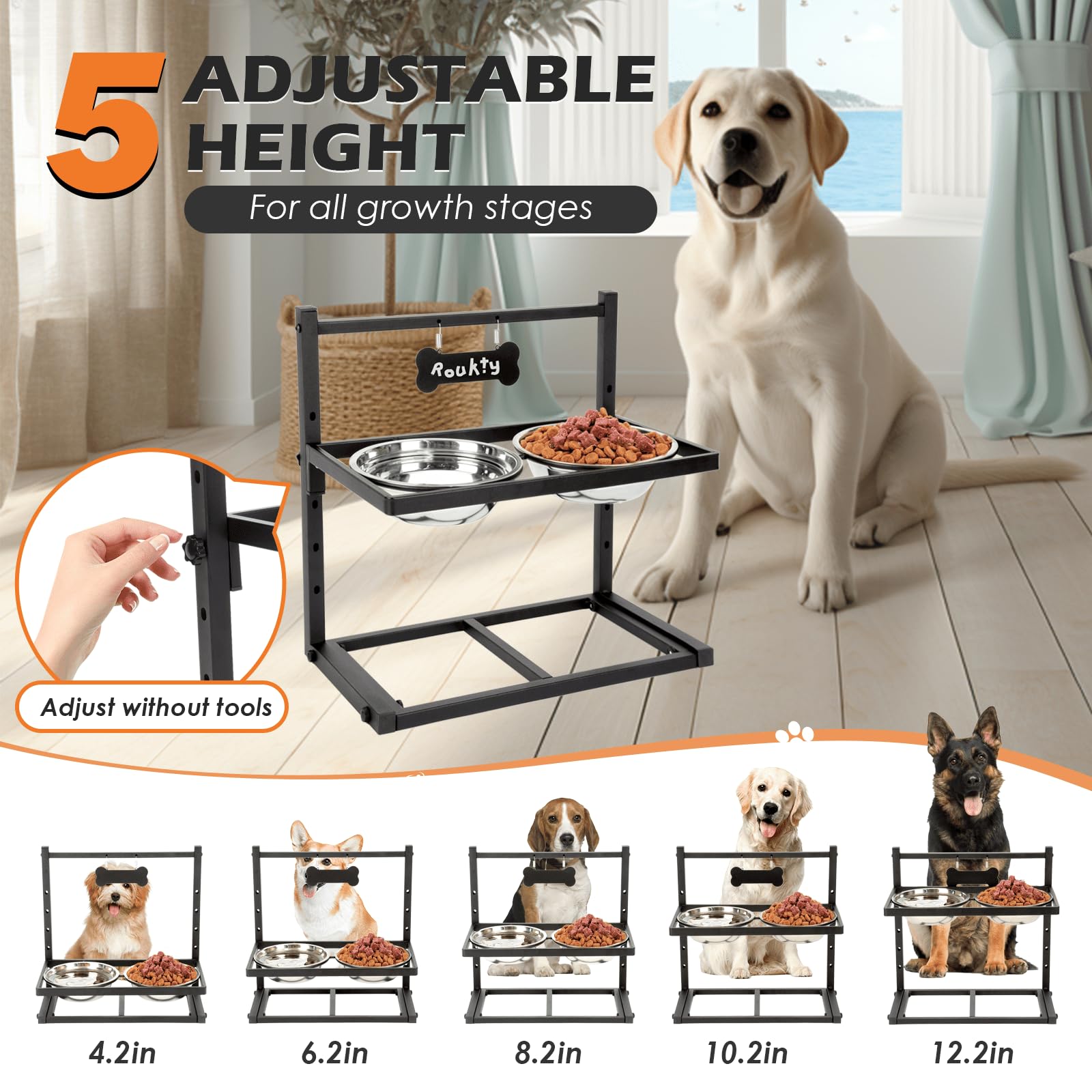 ADENGL Cuencos elevados para perros con comedero lento, 5 alturas ajustables (4-12 pulgadas), 2 cuencos de acero inoxidable, para perros medianos y grandes