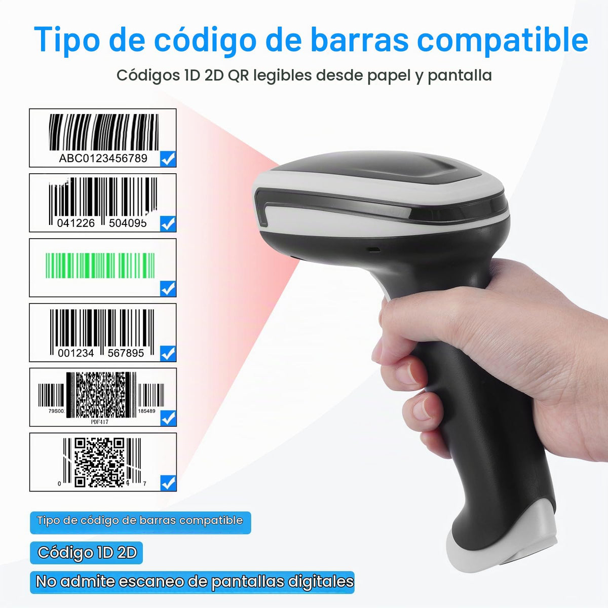 Escáner De Código De Barras Portátil Bluetooth Inalámbrico 1D 2D Con Soporte