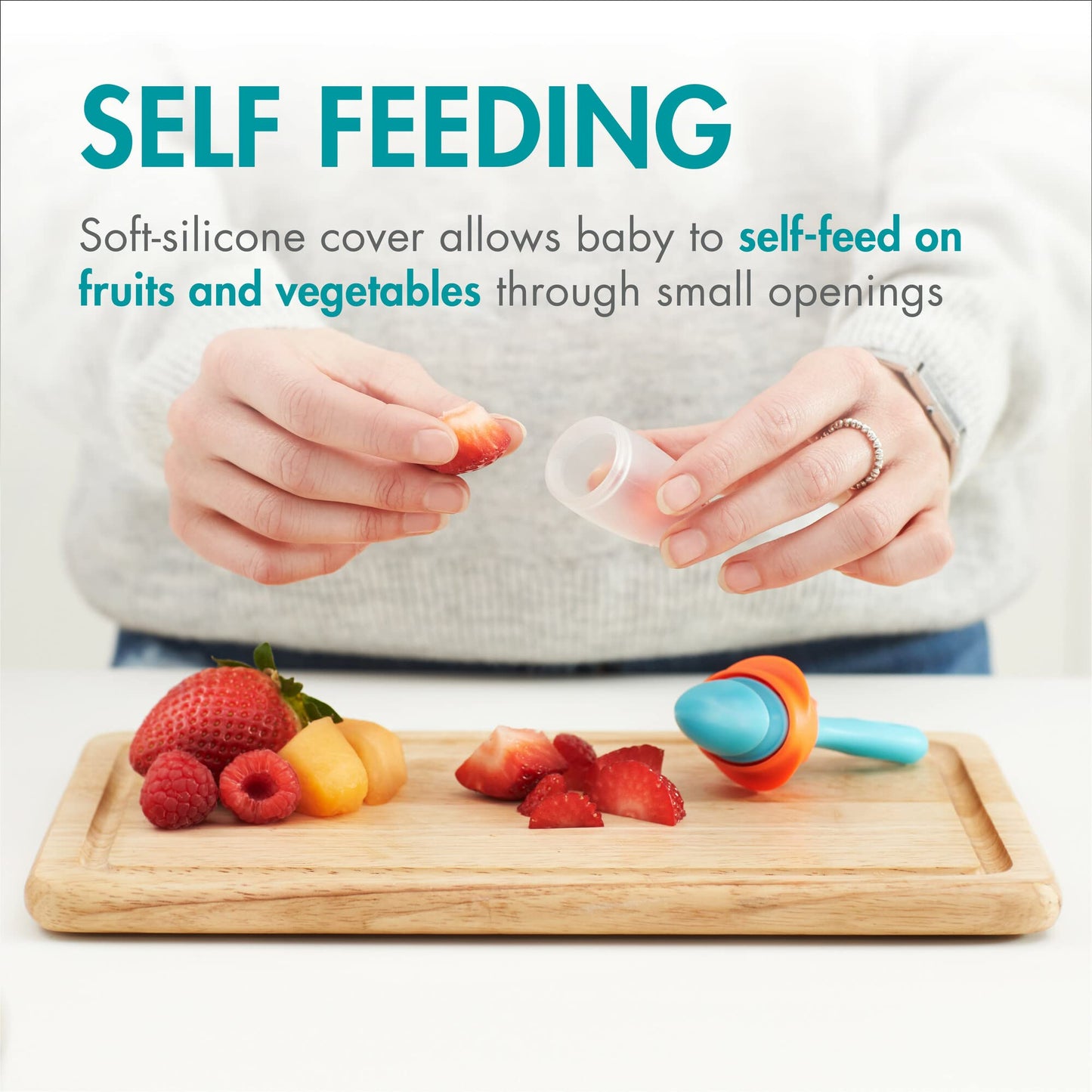 Boon Pulp - Alimentador de frutas de silicona suave para bebés - Juego de alimentación de bebé de silicona suave - Suministros de destete LED para bebés - Esenciales para la alimentación del bebé -
