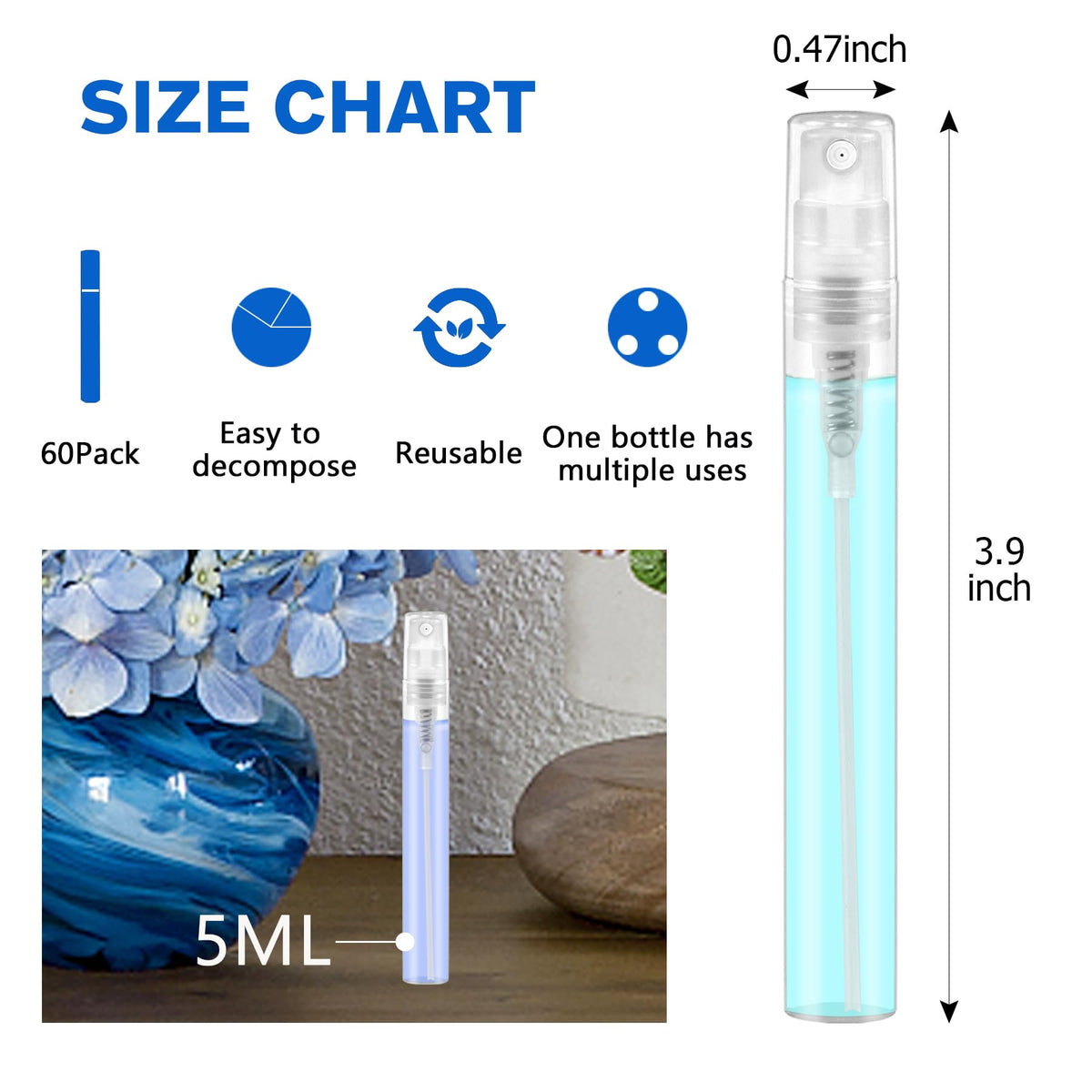 Csdtylh Mini botella de plástico transparente portátil con atomizador de enjuague bucal para limpieza, viajes, aceites esenciales, perfume (60, 5ml)