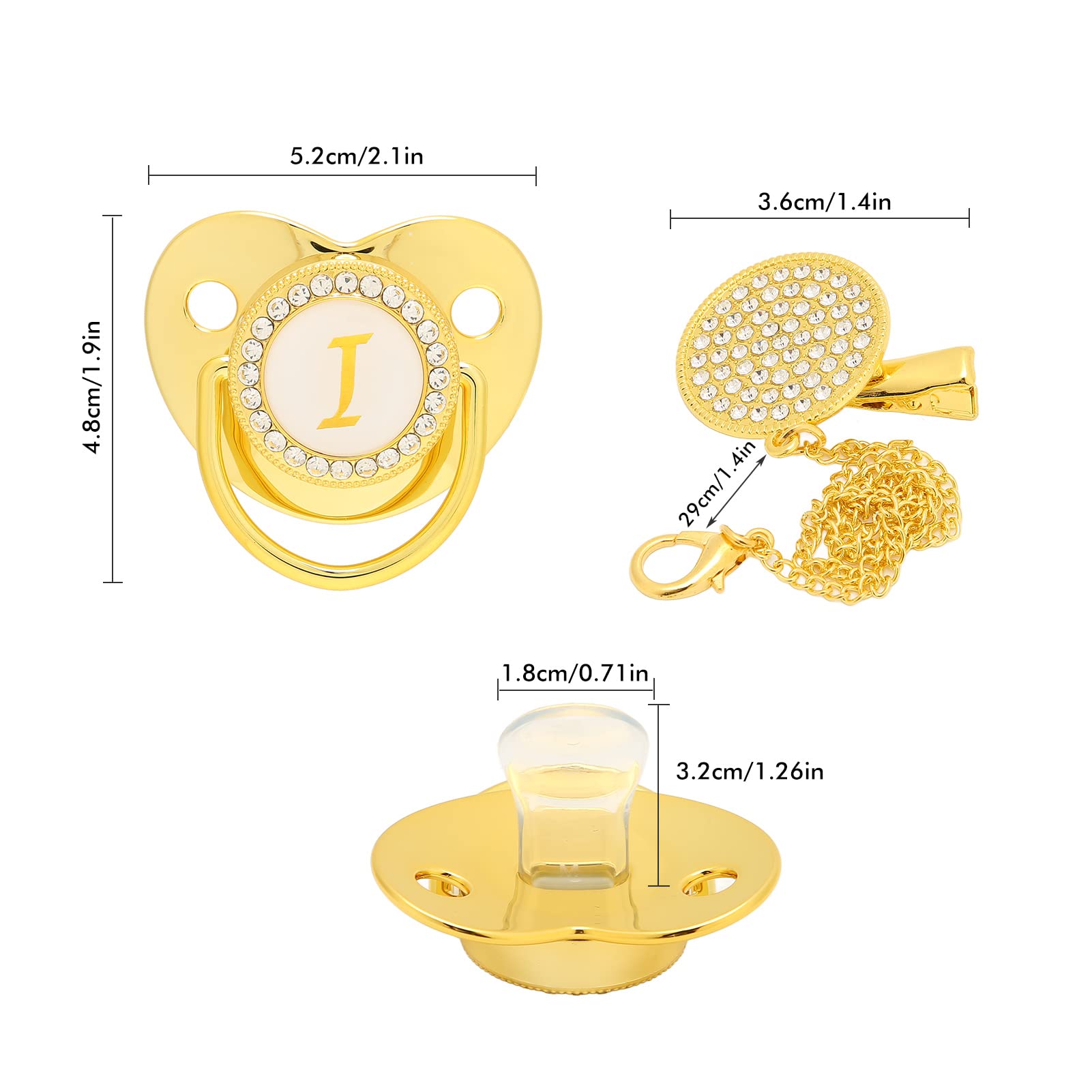 Chupete Dorado para bebé con Diseño Curvo, Suave y Liviano para Bebés de 6 a 18 Meses, Materiales Seguros, Saludable y Conveniente con Diseño de 26 Letras (Letra i)