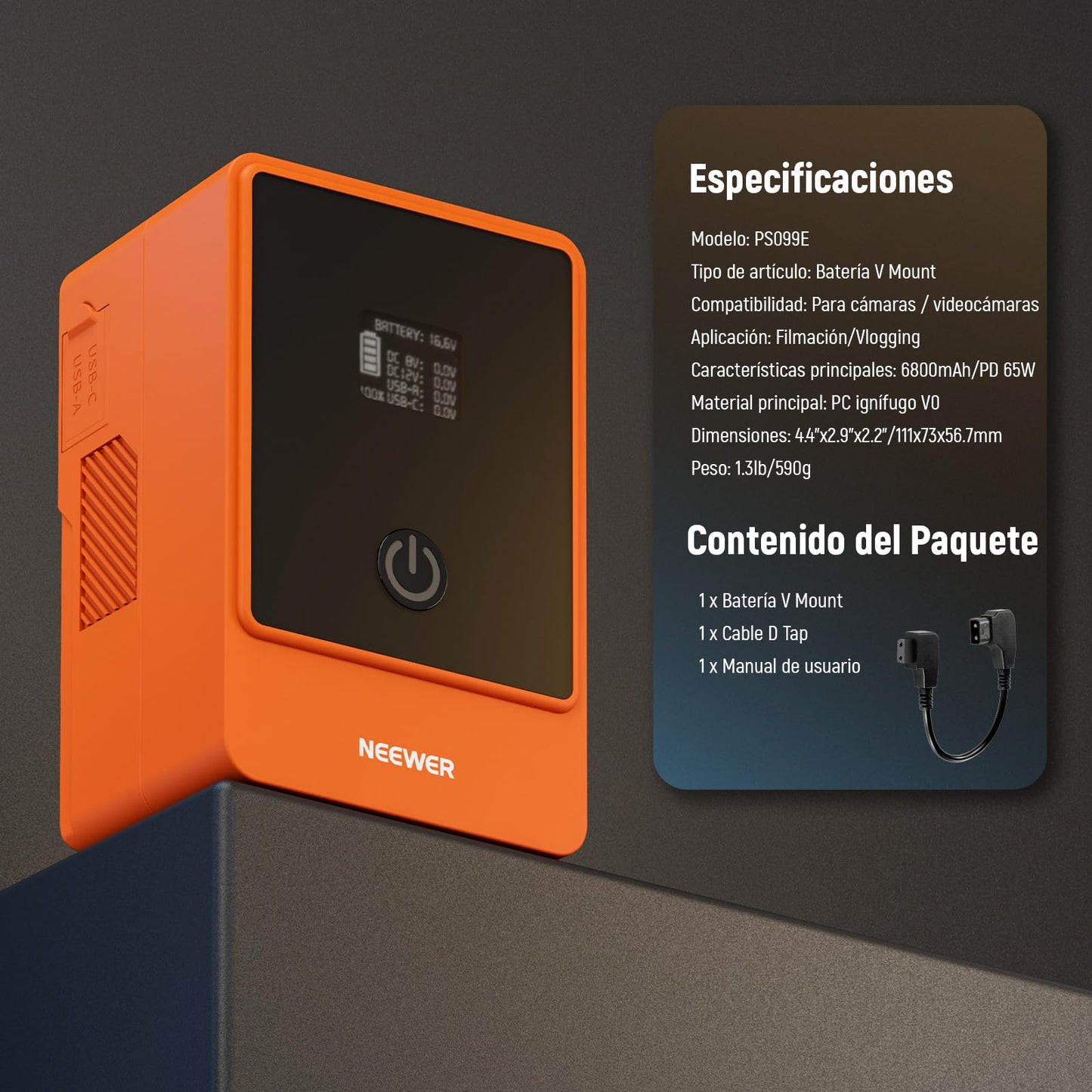Batería Mini V Mount NEEWER Naranja 6800mAh 99Wh 14.5V para Videocámara Compatible con SmallRig BMPCC 4k 6k