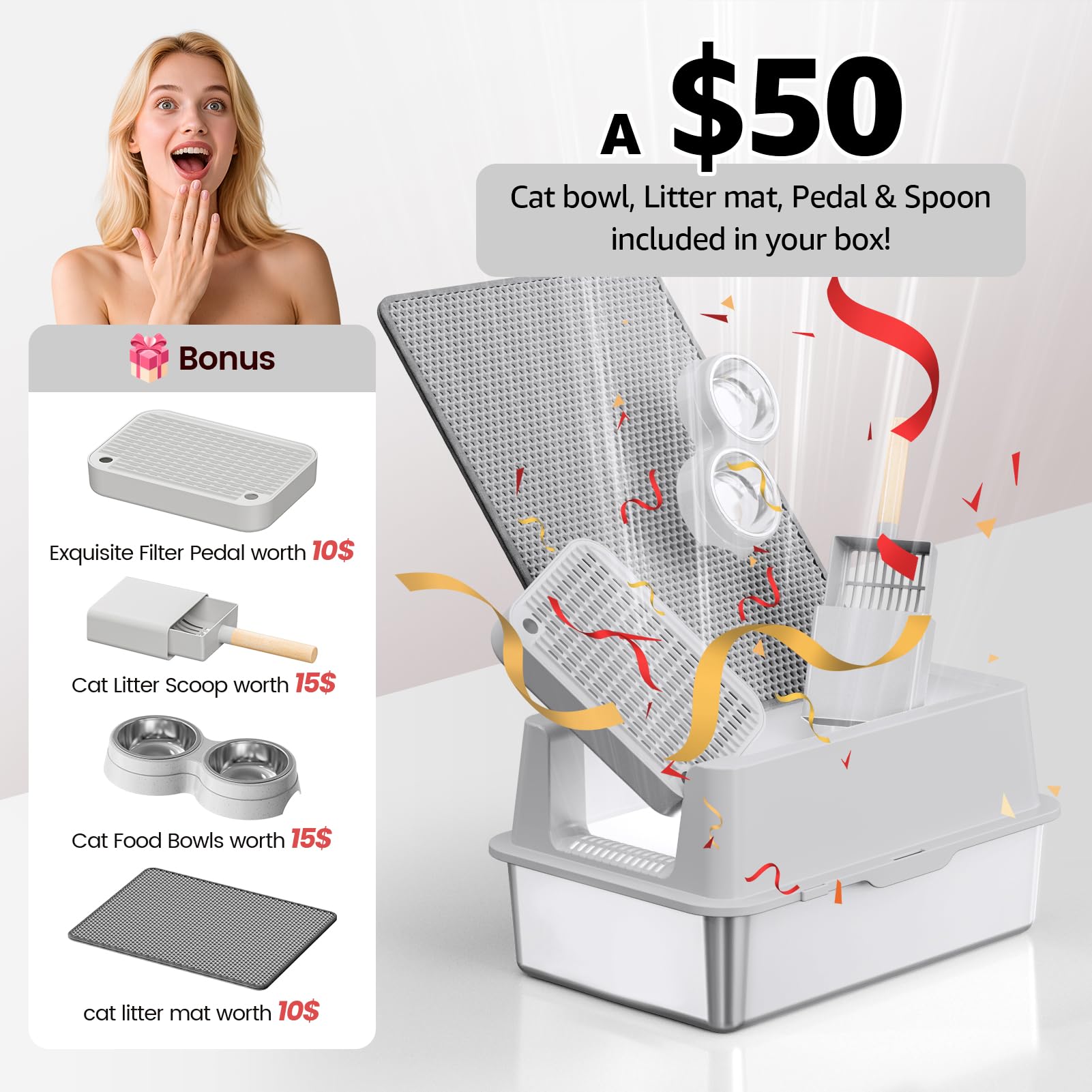 Caja de arena de acero inoxidable para gatos – Caja de arena cerrada con tapa XL extragrande de metal para gatos grandes, caja de arena de gatito de alta cara antifugas, fácil limpieza, antiadherente,
