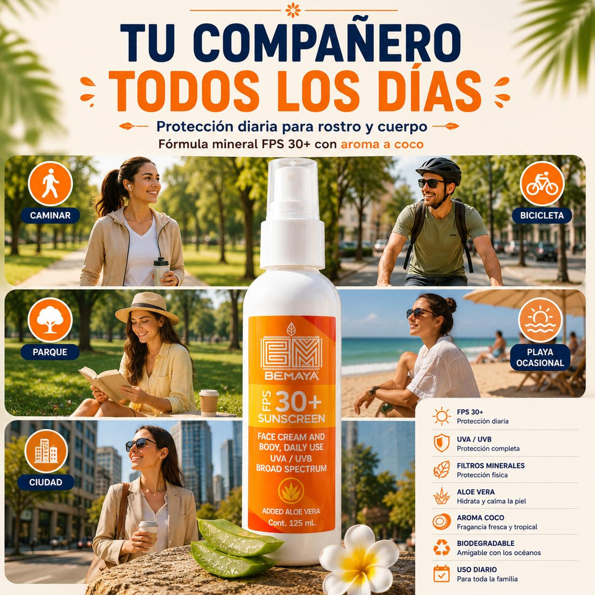 Bloqueador Solar Mineral Bemaya Coco FPS 30+ Biodegradable para Piel Sensible