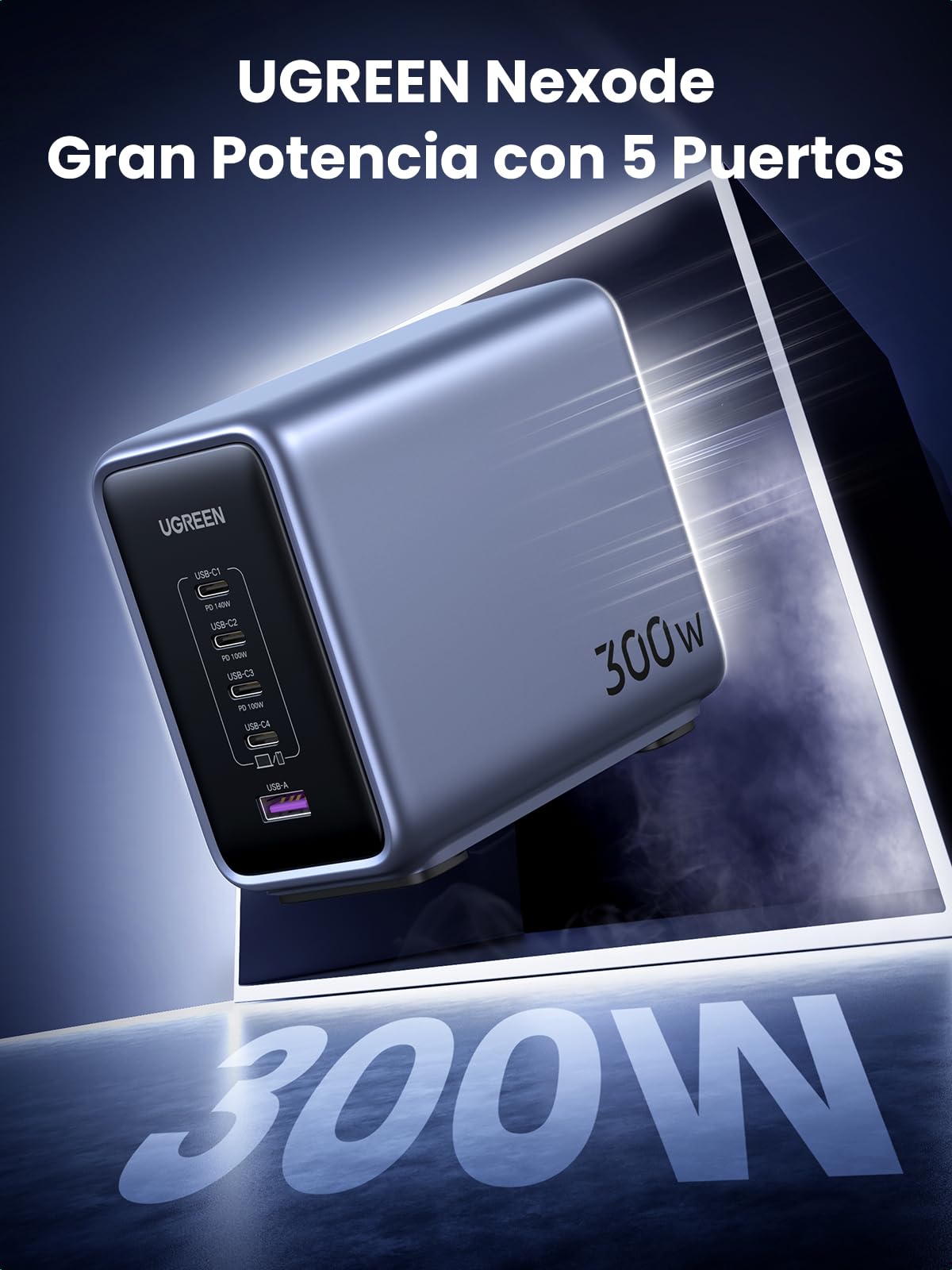 Cargador Tipo C UGREEN Nexode 300W GAN Negro con 5 Puertos Carga Rápida para MacBook, iPhone, Galaxy