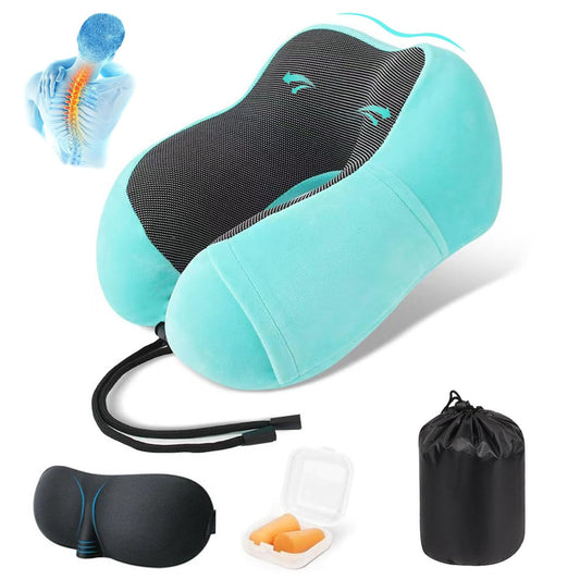 Almohada de Viaje,Almohada de Cuello Viscoelástica de Espuma de Memoria con Máscara de Ojos,Tapones para los oídos y Bolsa con Cordón, Soporte de Cuello para Avión, Oficina y el Hogar (Azul claro)