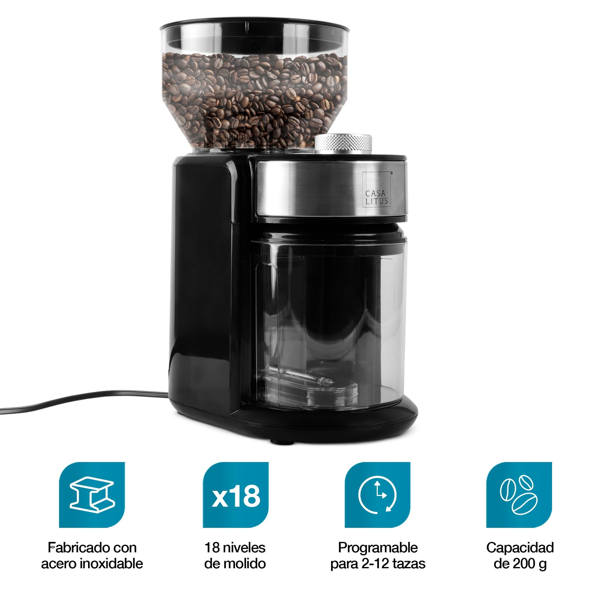 CASA LITUS Molino de Café Eléctrico Profesional 200gr, Moledor de Café en Grano 18 Niveles de Molienda: Espresso, Prensa Francesa, Cafetera, Cafetera Italiana (Moka), Cuchillas de Acero Inoxidable