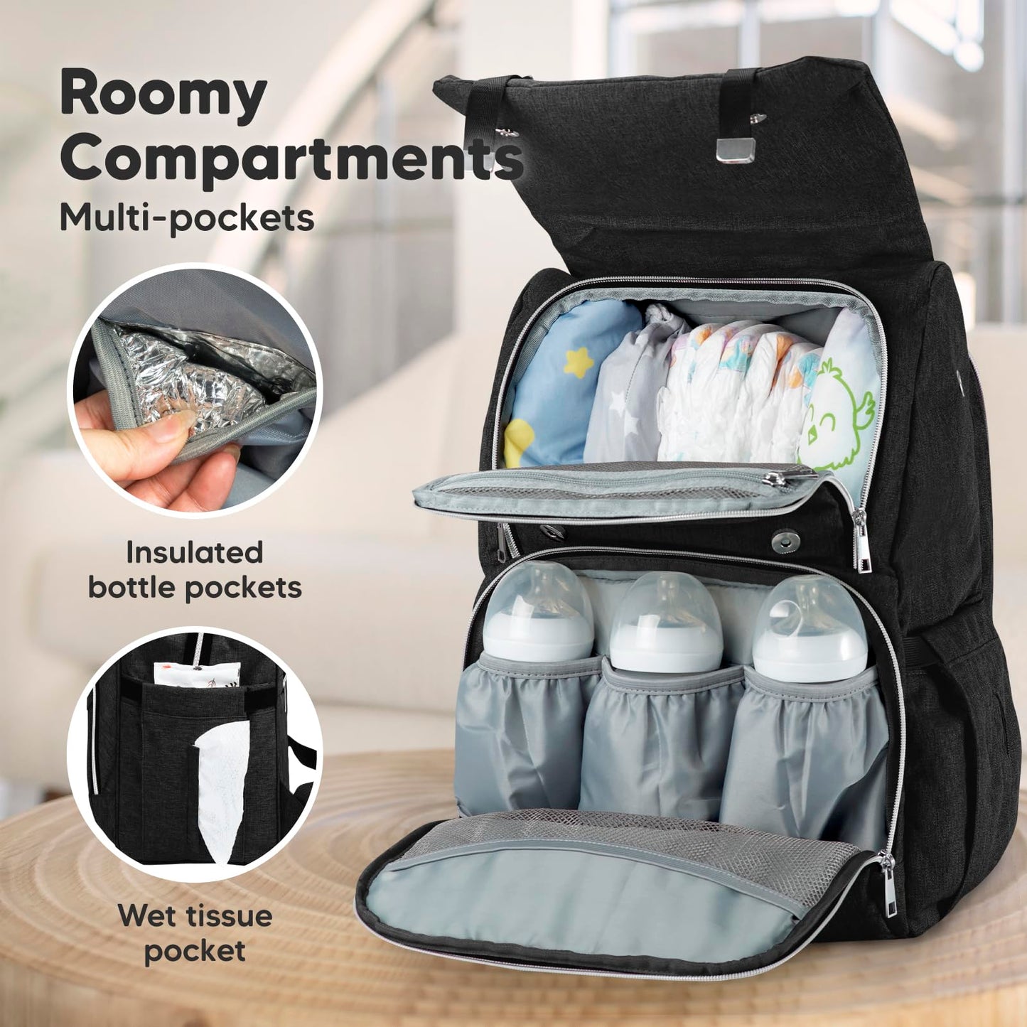 Mochila para paquete de pañale - Bolsos de viaje para bebés, impermeables y multifuncionales - Bolsos grandes para pañales - Durables y elegantes - Incluye colchoneta cambiadora (Trendy Black)