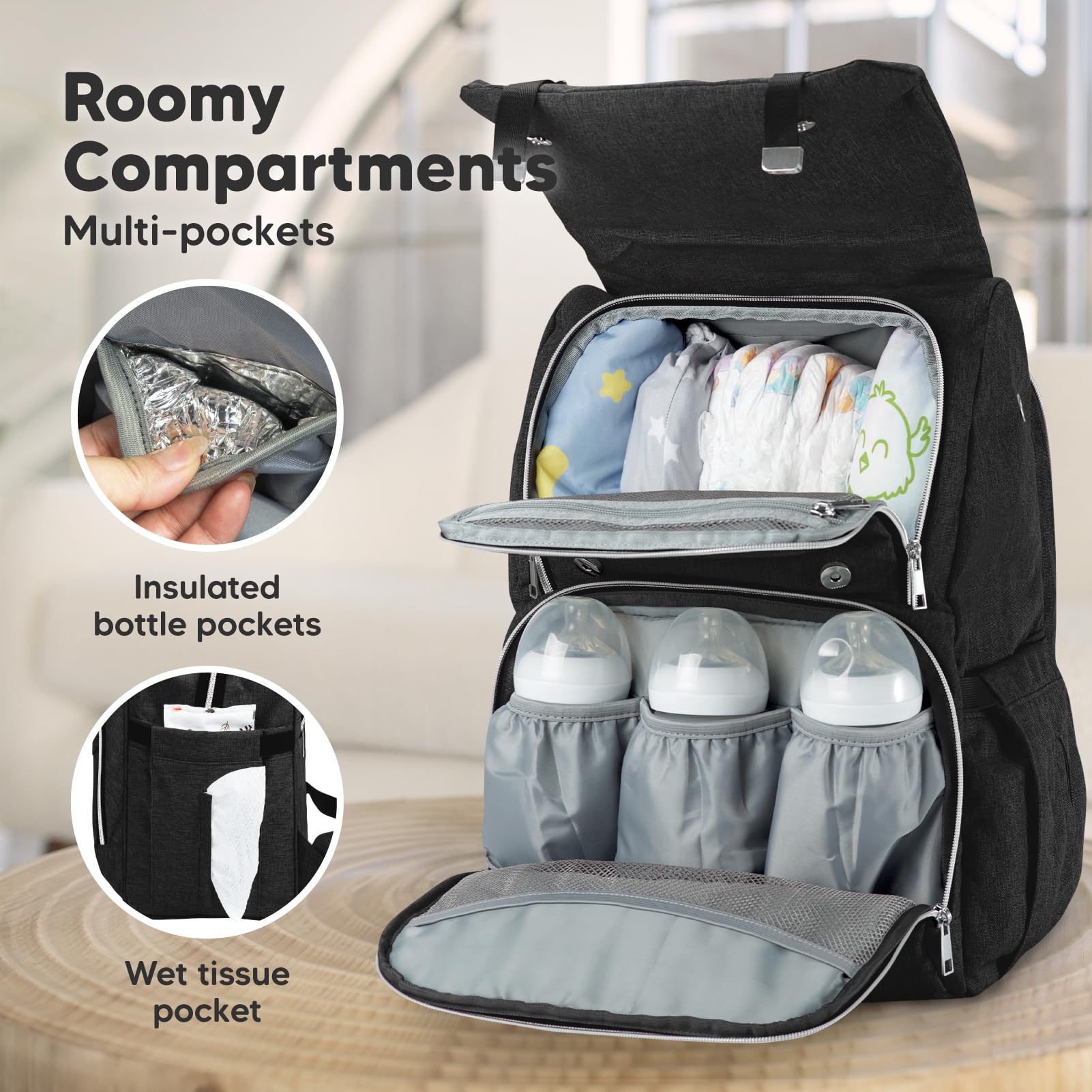 Mochila para paquete de pañale - Bolsos de viaje para bebés, impermeables y multifuncionales - Bolsos grandes para pañales - Durables y elegantes - Incluye colchoneta cambiadora (Trendy Black)