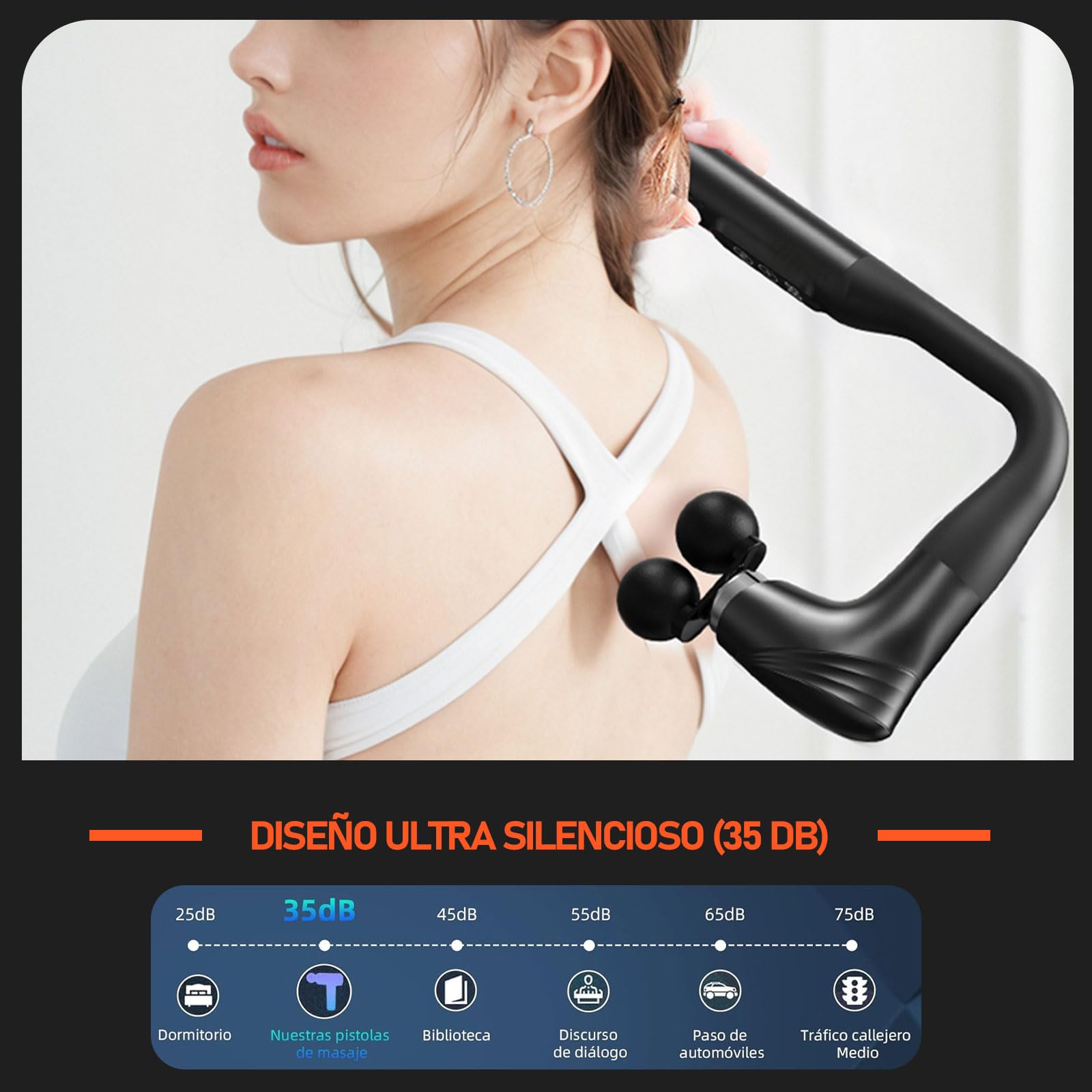 UIORHBQ Pistola de Masaje con Mango Extensión, Massage Gun de Espalda de Doble Bola para Aliviar el Dolor de Tejido Profundo, 5 Cabezales de Masaje y 12 Niveles de Velocidad,para Espalda Cuello Hombro