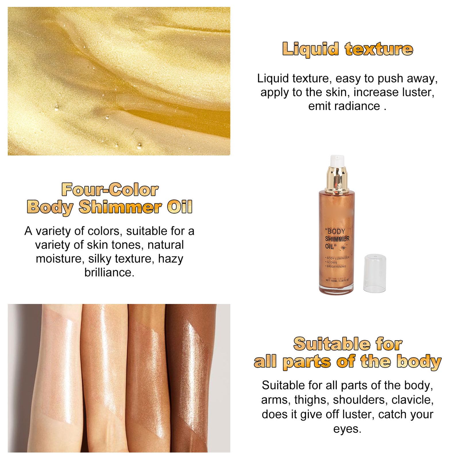 Sonew 100ml Aceite Iluminador Corporal Líquido con Brillo de Larga Duración, Aceite Brillante para el Cuerpo con Textura Ligera, Luminizador Líquido para Rostro y Cuerpo (Marrón