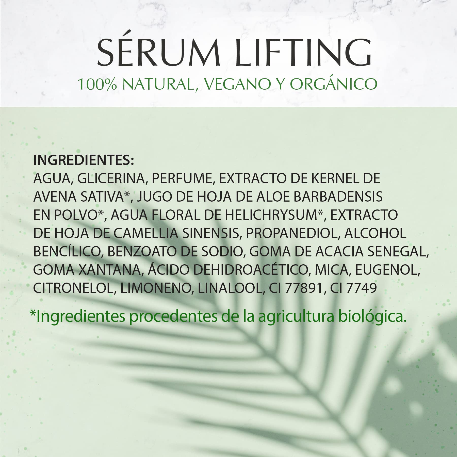Marie d'Argan Sérum Lifting Rostro Natural, Orgánico y Vegano, Aloe Vera, Té Verde, Antiedad, Hidratante, Unisex