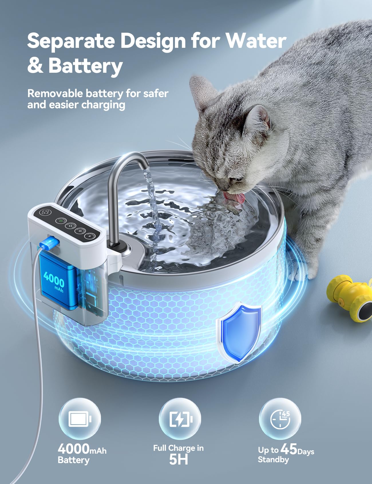 Fuente de agua inalámbrica para gatos [separación de agua y batería] FEELNEEDY Dispensador de agua para mascotas con sensor de movimiento, 3.5 l/12 onzas 4000 mAh con pilas para gatos, perros con 6