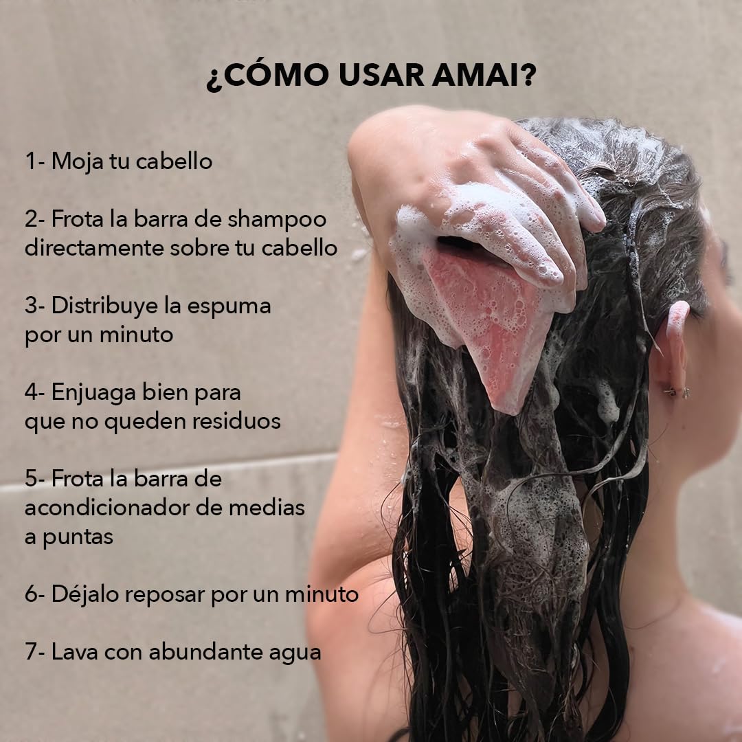 Shampoo y Acondicionador en Barra AMAI Natural – Hidratante y Reparador, Cabello Seco o Maltratado, Con Karité, Rosas y Almendras – Sin Sulfatos, Vegano