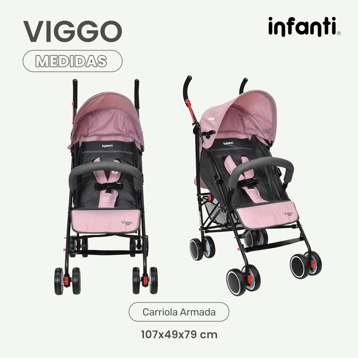 INFANTI | Carriola para Bebe VIGGO - Rosa | Carriola de Viaje - Carrito para Bebe | Cosas para Bebes 6 Meses hasta 20 kg - Compacta y Plegable | Carriola con Toldo extensible y Arnés de Seguridad