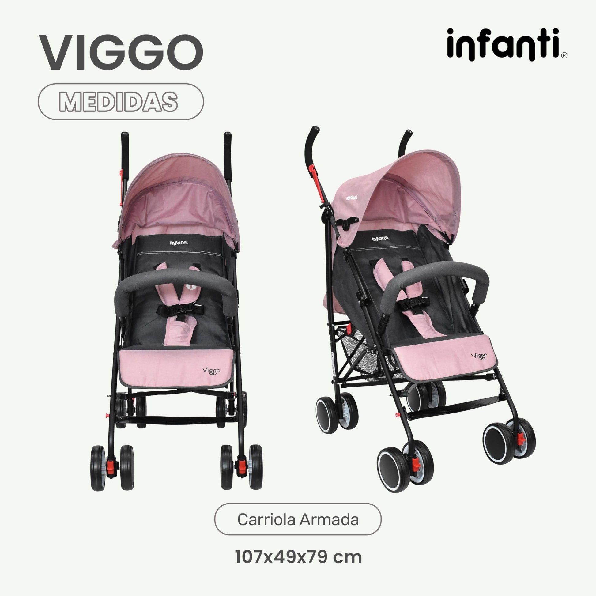 INFANTI | Carriola para Bebe VIGGO - Rosa | Carriola de Viaje - Carrito para Bebe | Cosas para Bebes 6 Meses hasta 20 kg - Compacta y Plegable | Carriola con Toldo extensible y Arnés de Seguridad
