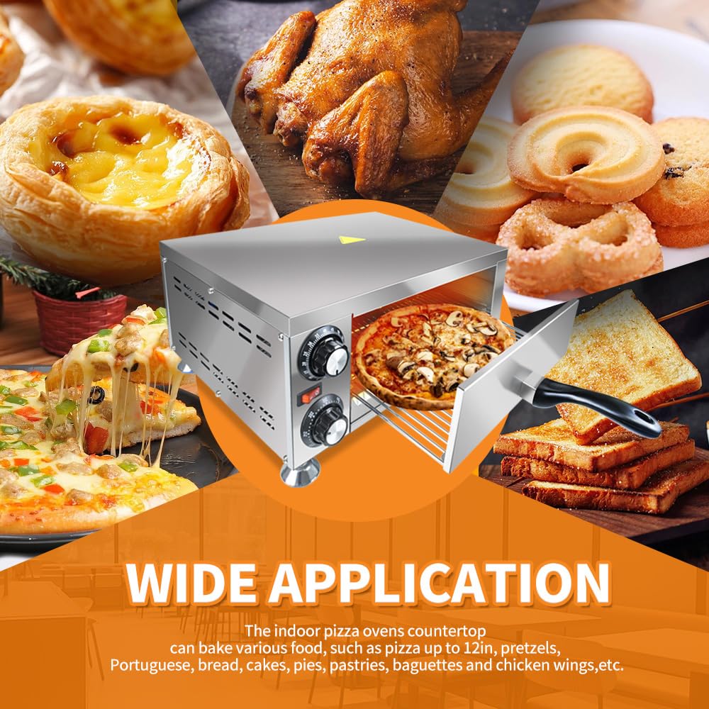 Generic YOOKTEN - Horno eléctrico de pizza para interiores, horno de pizza de 12 pulgadas, máquina comercial para hacer pizzas para el hogar con temporizador de 60 minutos, cocina de pizza de acero