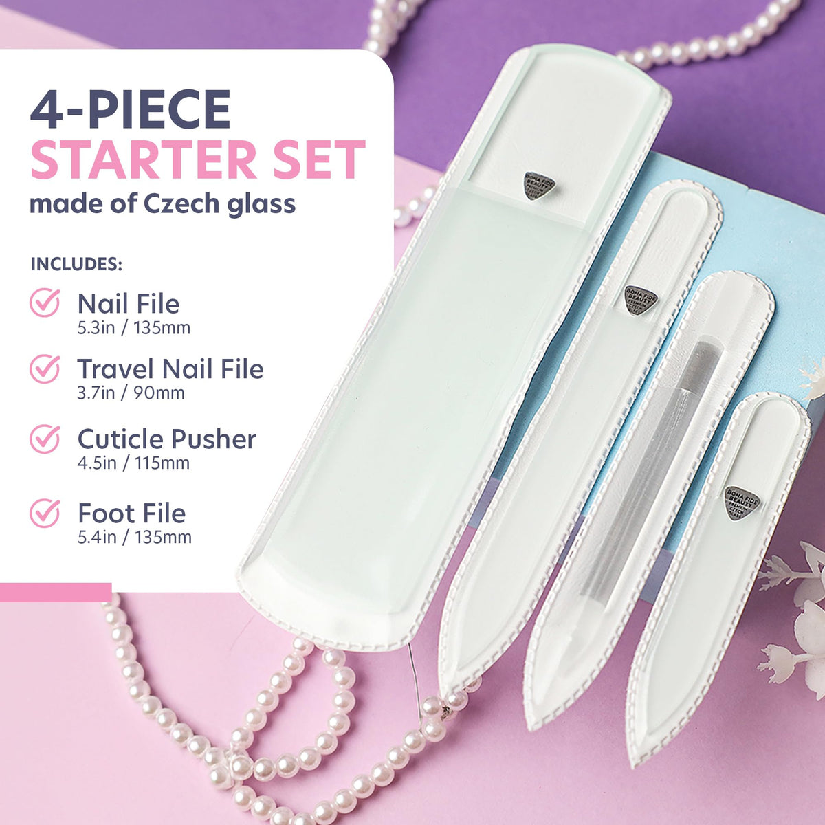 BONA FIDE BEAUTY Set de Regalo: Regalo de Pedicura de Manicura de Cristal Checo Hecho A Mano, Juego de Regalo de 4 Piezas En Color Transparente Con Lima de Pie de Vidrio, Empujador de Cutícula de Vidr