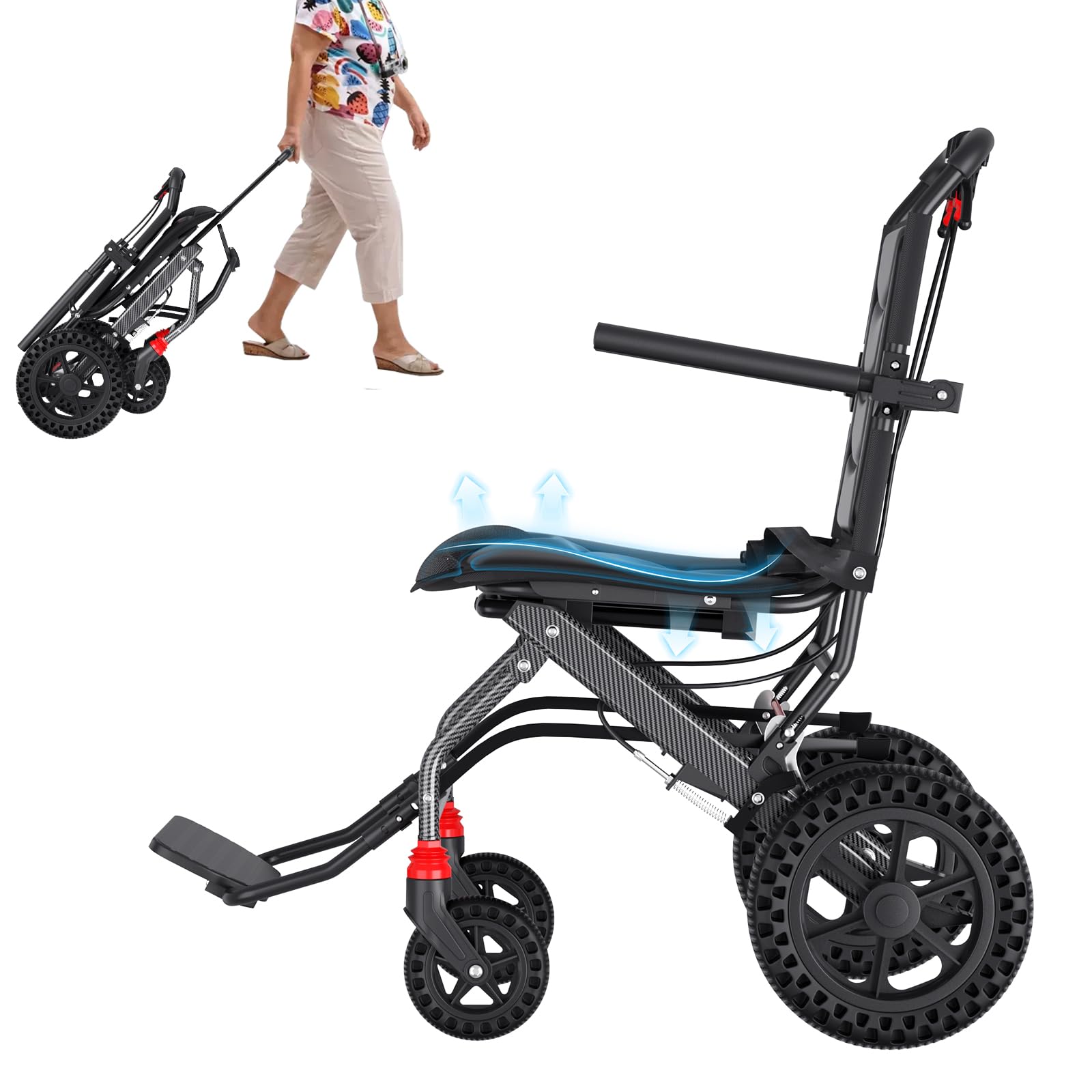 Hopelight (Asiento de 18" de ancho) Silla de ruedas de transporte ergonómica y liviana para personas mayores y adultos, sillas de ruedas de viaje de tránsito plegables y portátiles para todo terreno