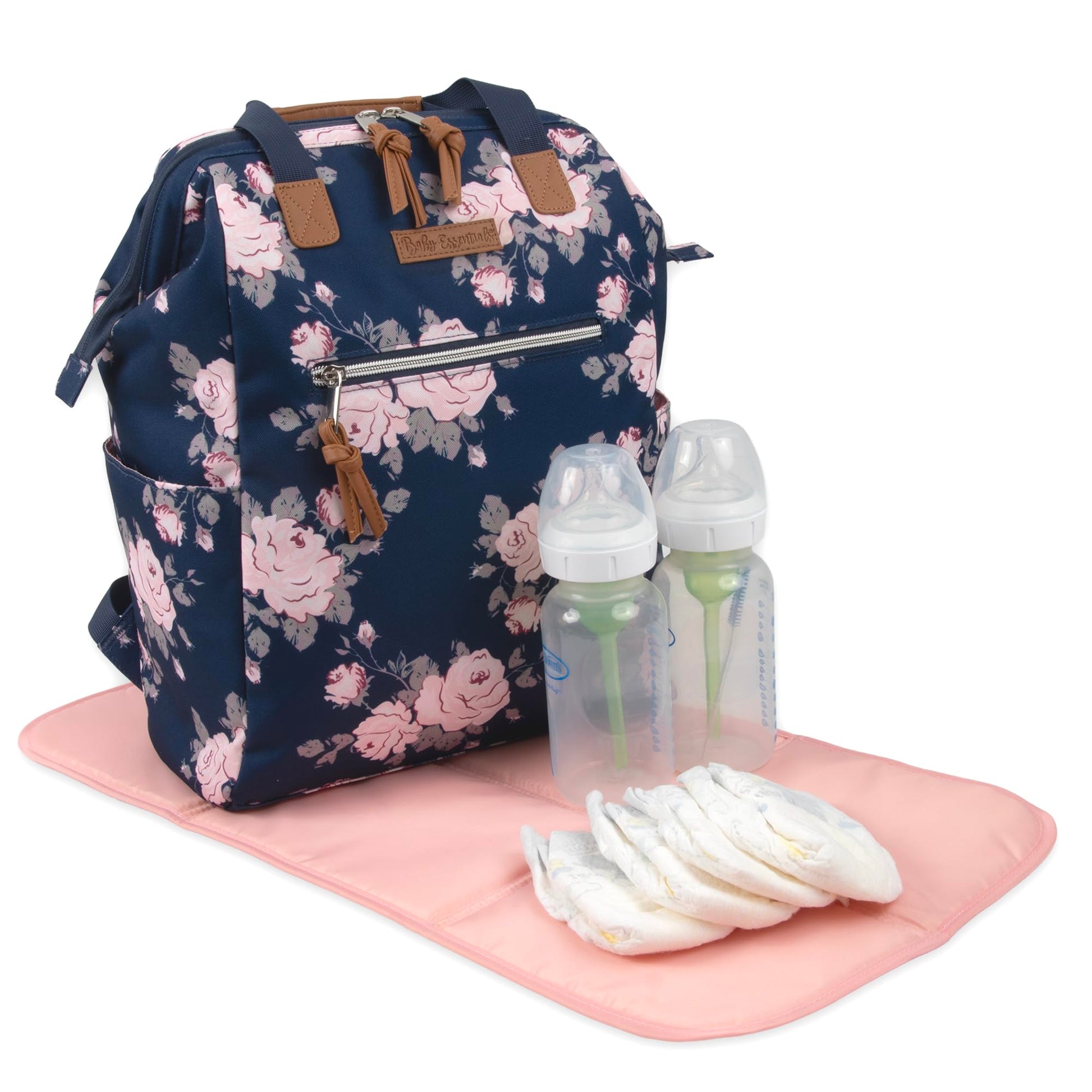 Baby Essentials - Mochila para pañales – Gran capacidad, compartimento aislado súper refrigerante, diseño de marco principal con cambiador y correas para carriola, Azul Marino Floral, Mediano, Mochila