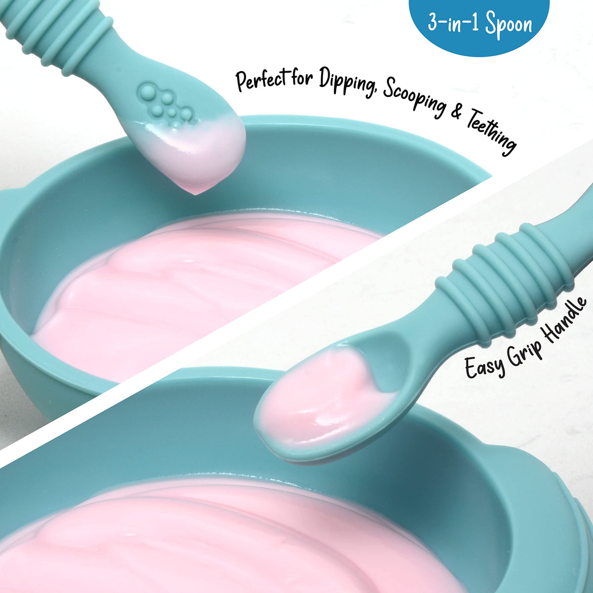 PrimaStella - Juego de alimentación de plato y cuchara de silicona irrompible para bebés y niños pequeños, color azul pacífico