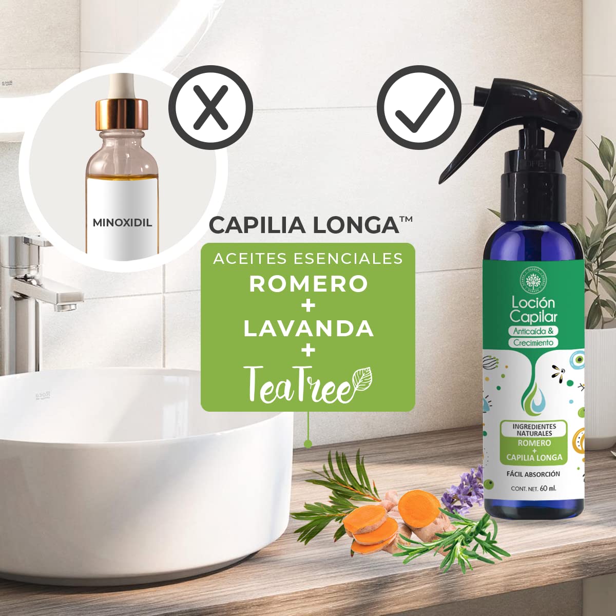 Loción Capilar Antícaída, Estimula el Crecimiento & Promueve la salud Capilar. Tónico con Aceites Esenciales de Romero, Lavanda y Tea Tree. 60 ml. Árbora…