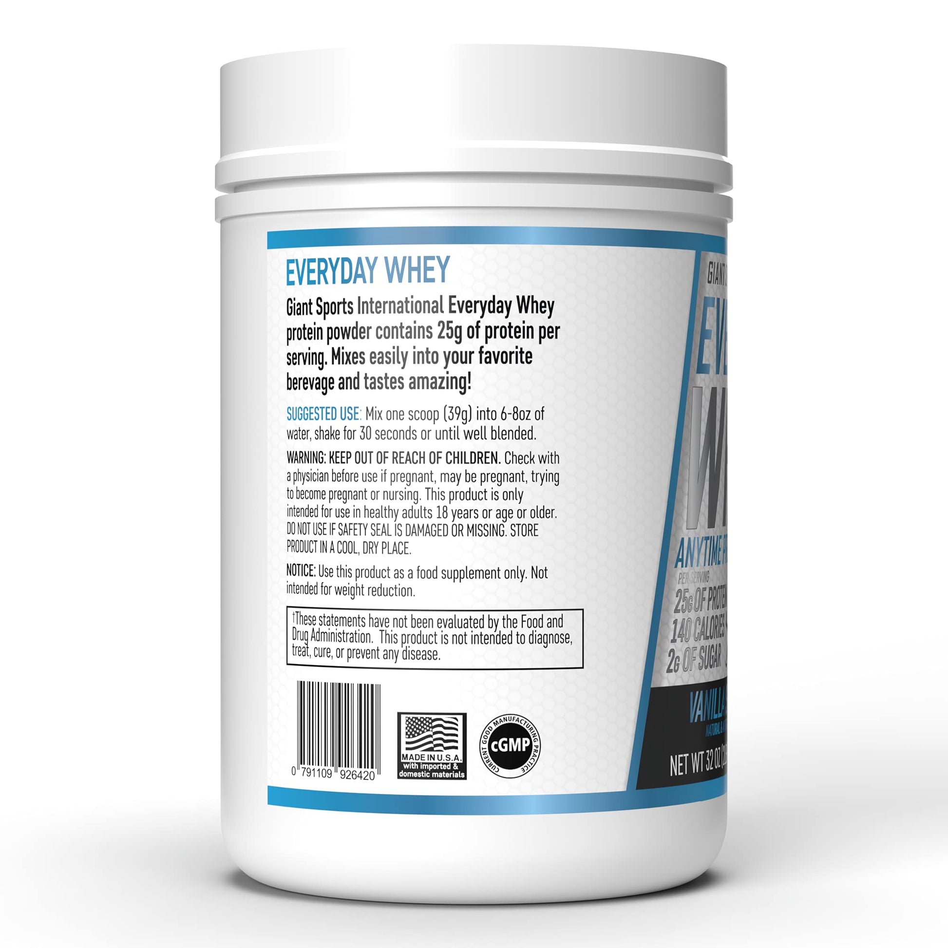 Giant Sports International Everyday Whey Proteína | Suero de Leche en Polvo | 2 lb (907 gr) | Sabor Vainilla | 25 gr de proteína por porción | Sin Azúcar Añadida | 23 porciones | Hecho en EUA