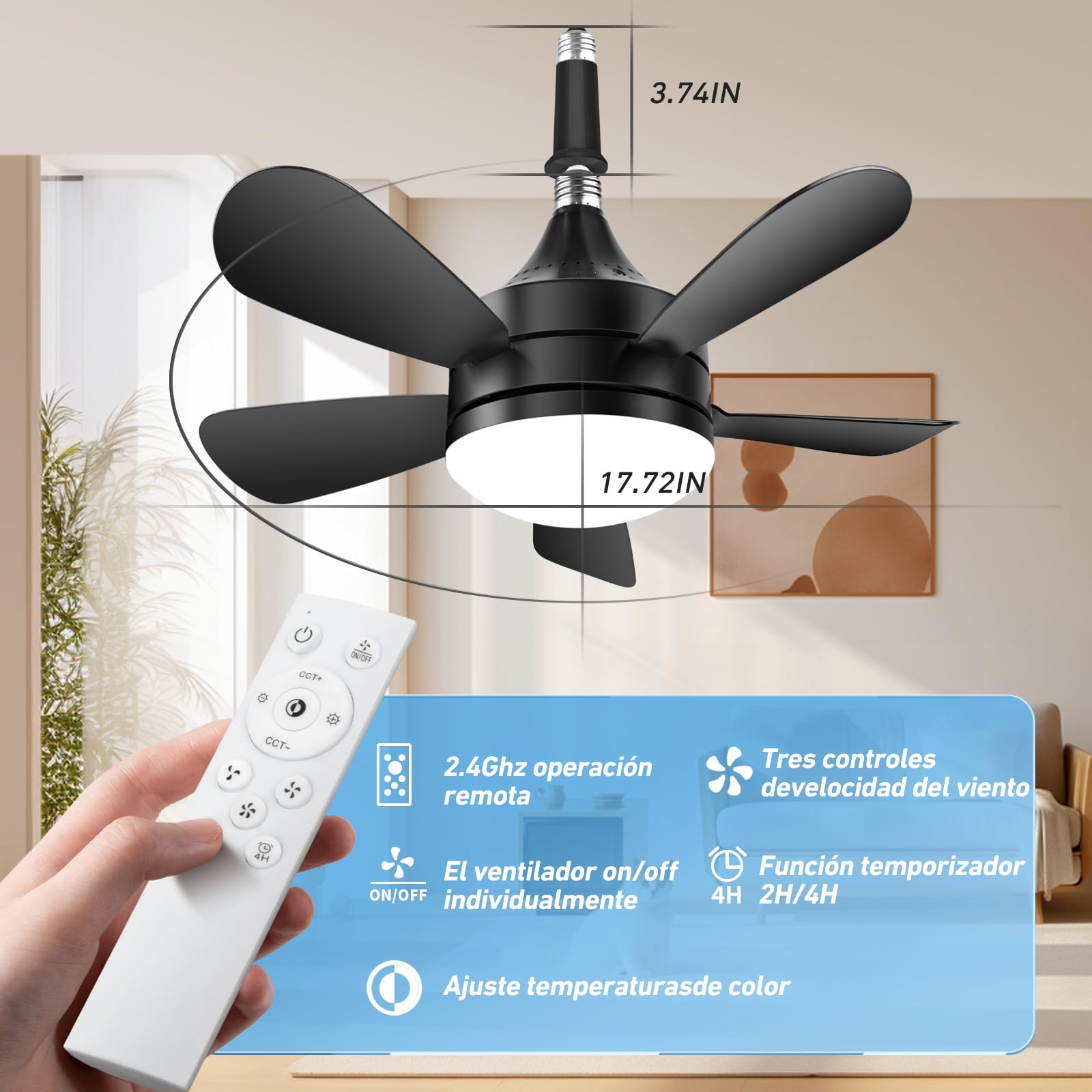 Ventilador de Techo VSHINY Negro Con Luz y Mando a Distancia