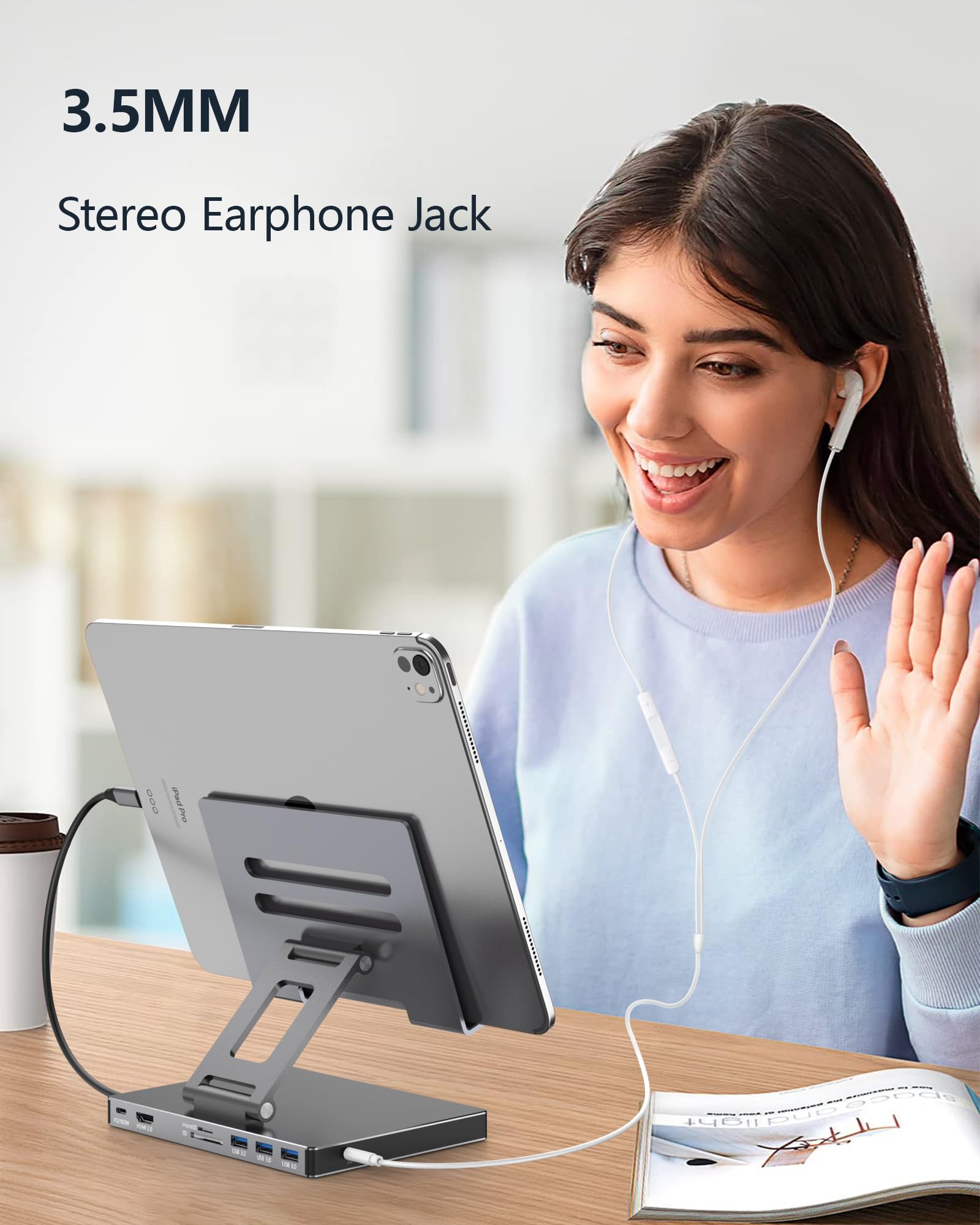 iPad Pro USB C Hub Stand, Adapter for iPad Pro M4 M2 M1 13 12.9 11 Inch iPad Air Docking Station Foldable 4K 60Hz HDMI, PD Charging, SD/TF Card Reader, 3 USB 3.0, 3.5mm Audio, iPad Dock Accessories