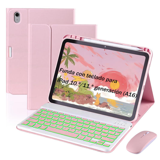 Funda Teclado iPad 10 y 11 Generación LUIOOXEIM Rosa Retroiluminación 7 Colores y Ratón para Mujer