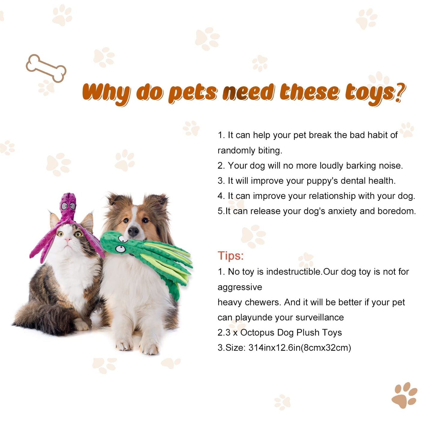 MANOPAWS - Juguetes chirriantes para perros, paquete de 3 juguetes para perros pequeños, perros medianos, perros grandes, juguetes masticables para dentición de cachorros, masticadores agresivos, juguetes de peluche sin relleno (pulpo)