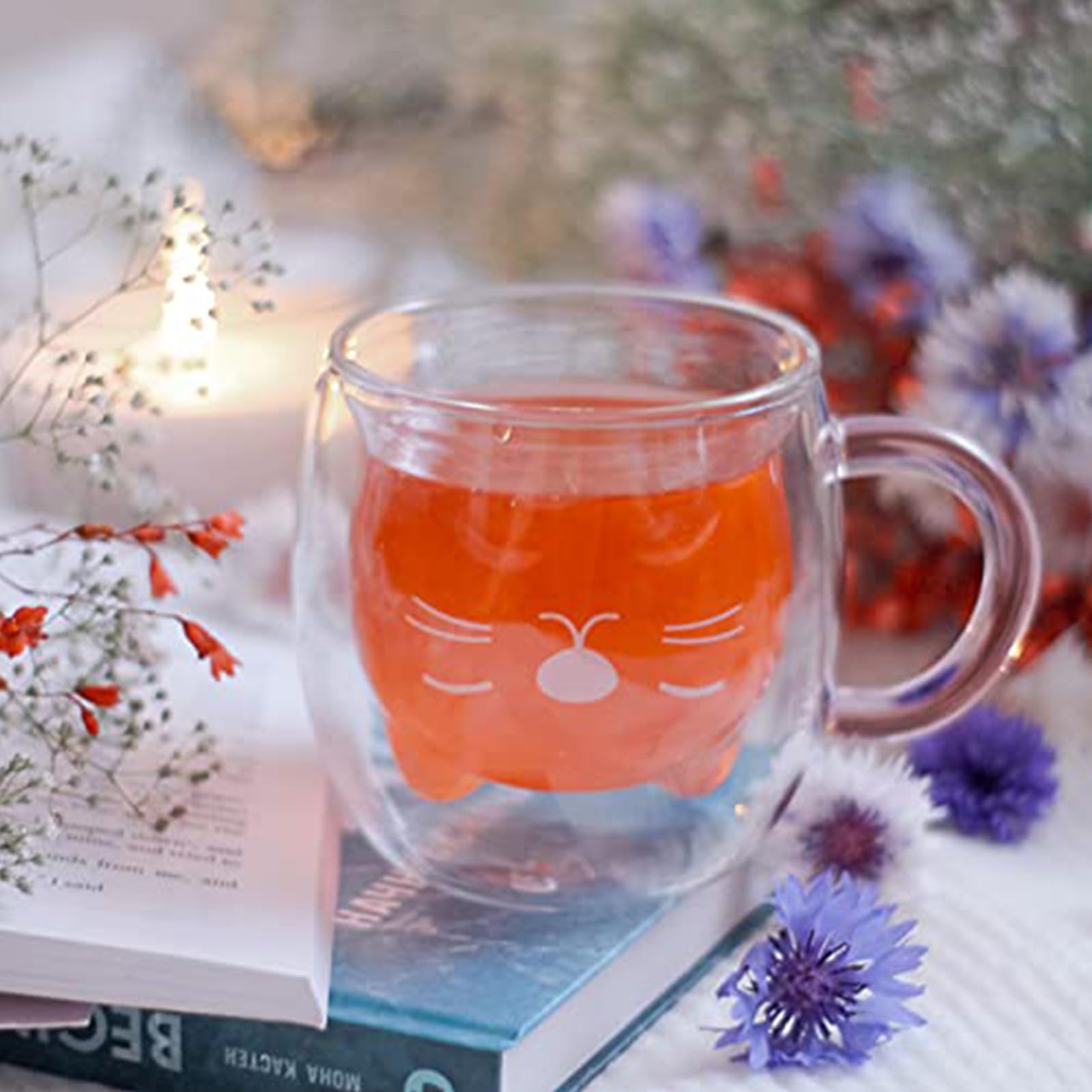 Binoster - Taza con aislamiento de doble pared de vidrio, taza de café, taza de té, taza de leche, regalo para oficina, cumpleaños, uso personal, de Navidad (gato púrpura)