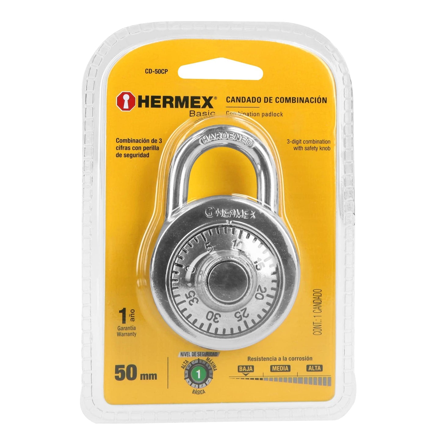 Hermex Basic CD-50CP, Candado de acero de combinación, 50mm, Hermex Basic