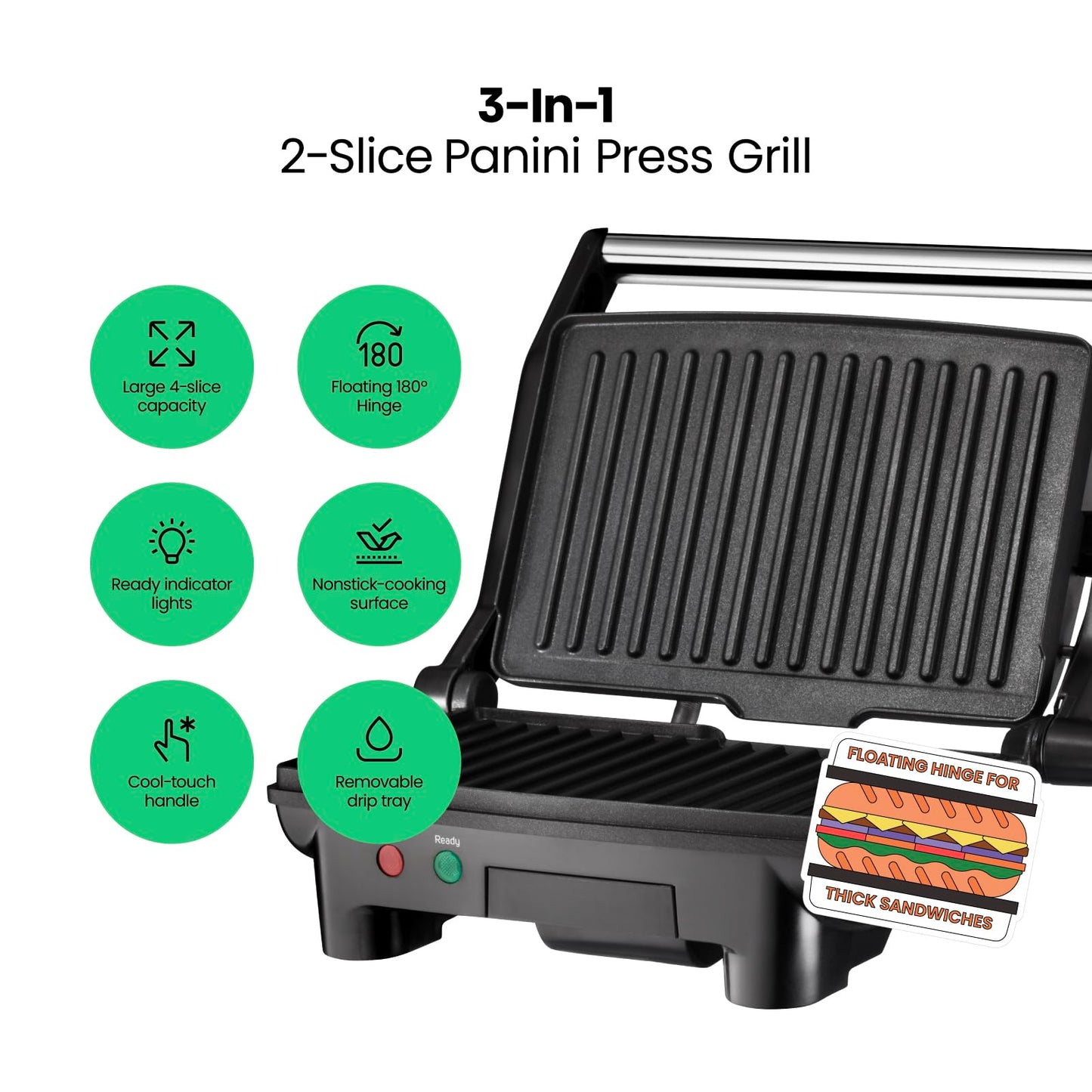Chefman RJ02-180 Parrilla, Prensa Panini Grill y Gourmet Sandwich Maker