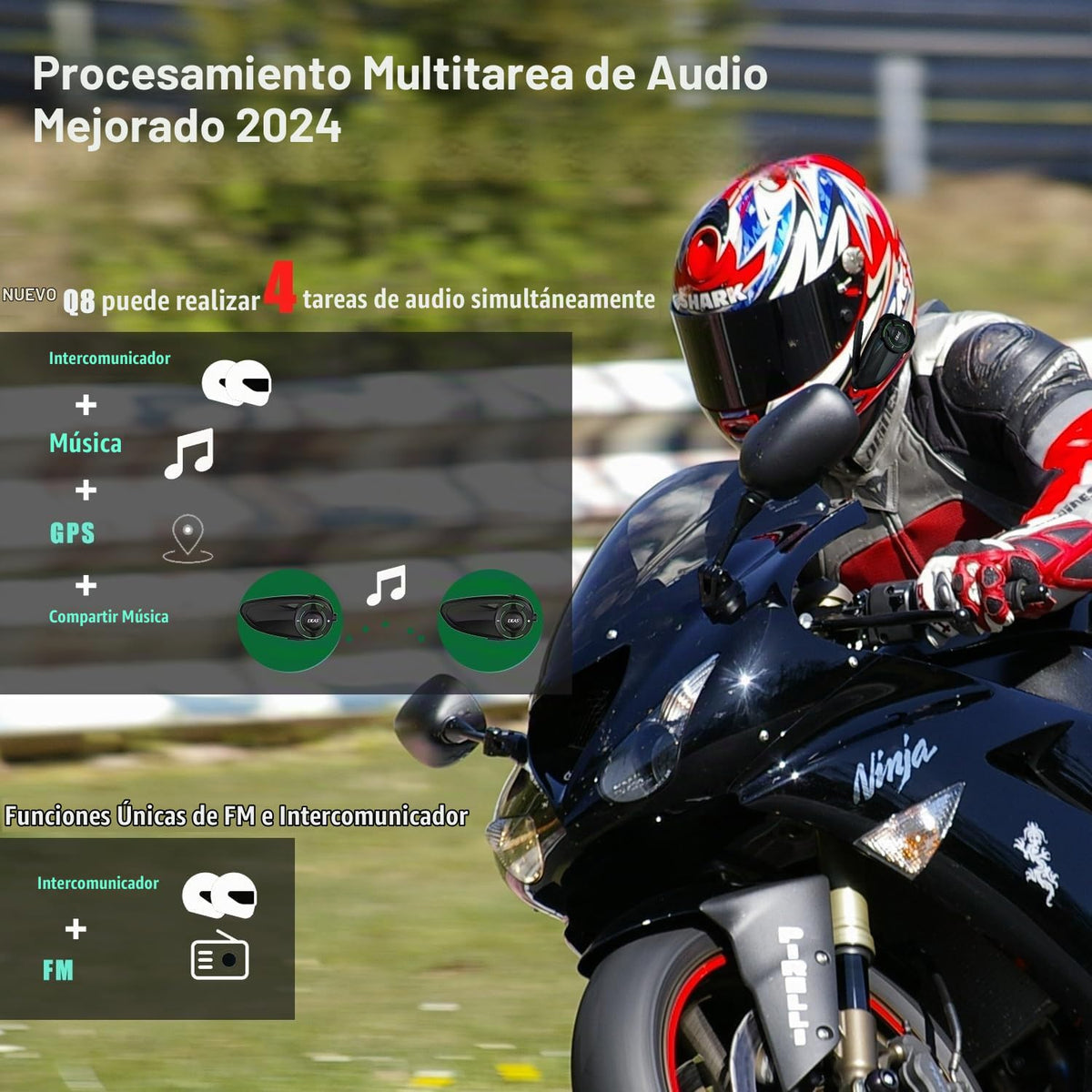 Casco de Motocicleta SolaMr Bluetooth con Intercomunicador Negro y Sistema de Comunicación para 6 Riders