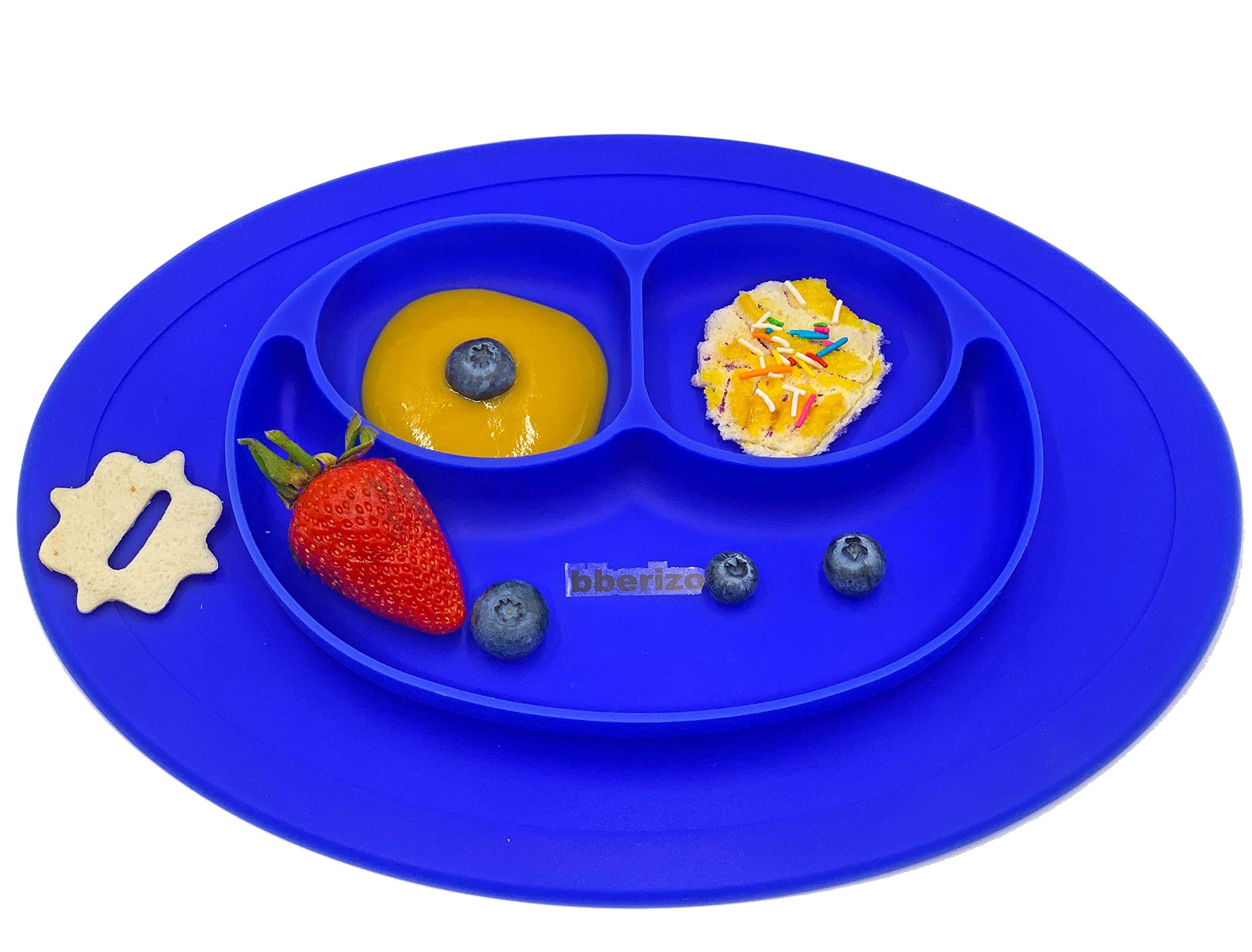 Bberizos| Plato Antideslizante Cuchara Suave Encías Set Alimentación de Silicona para Bebe Infantil con Divisiones para Niños Grado Alimenticio para Papillas Alimentos Sólidos Snakcs Sin BPA Sin PVC (Blue)