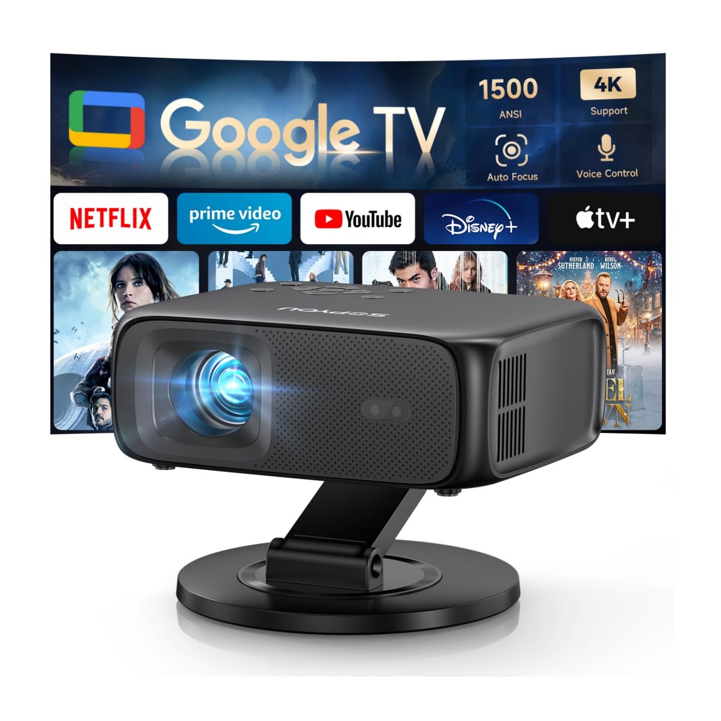 【Buit-in Google TV y control de voz】Proyector inteligente con WiFi y Bluetooth, enfoque automático y piedra clave, proyector de película portátil Native 1080P para exteriores con soporte giratorio de
