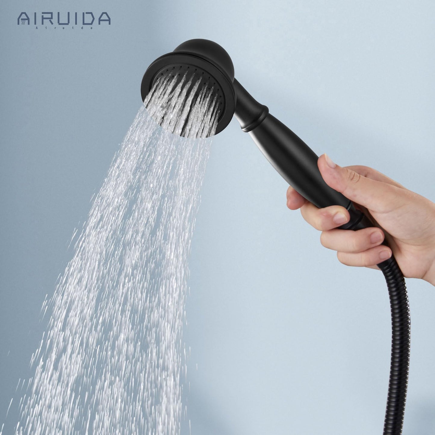 Sistema de Ducha Airuida Negro Mate con Alcachofa Moderna de Doble Función y Desviador de Cobre Sólido