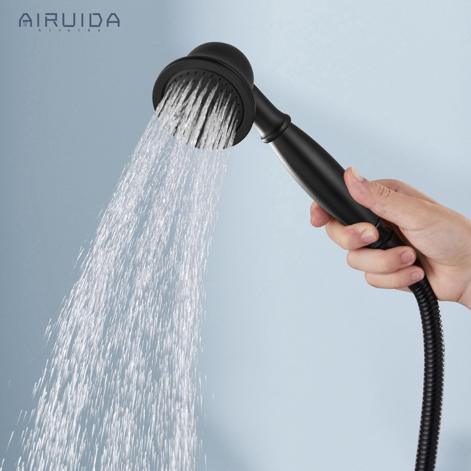 Sistema de Ducha Airuida Negro Mate con Alcachofa Moderna de Doble Función y Desviador de Cobre Sólido